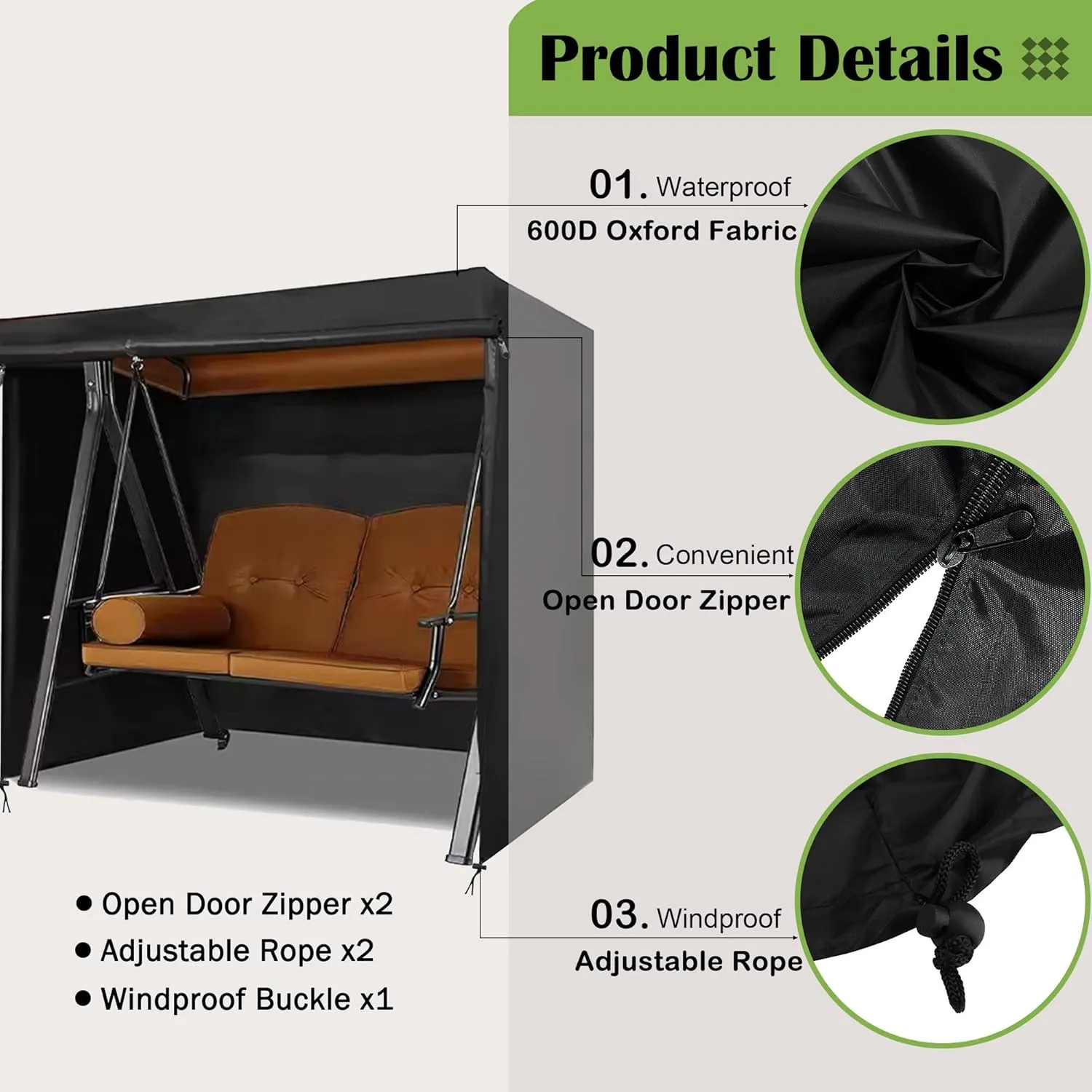 Patio Swing Cover, Durable 600D Oxford Porch Swing Canopy Cover with Zippers and Buckles, Outdoor 3-Seater Waterproof Garden Hammock Glider Covers, Windproof(Black, 65L x 50W x 66H inch)