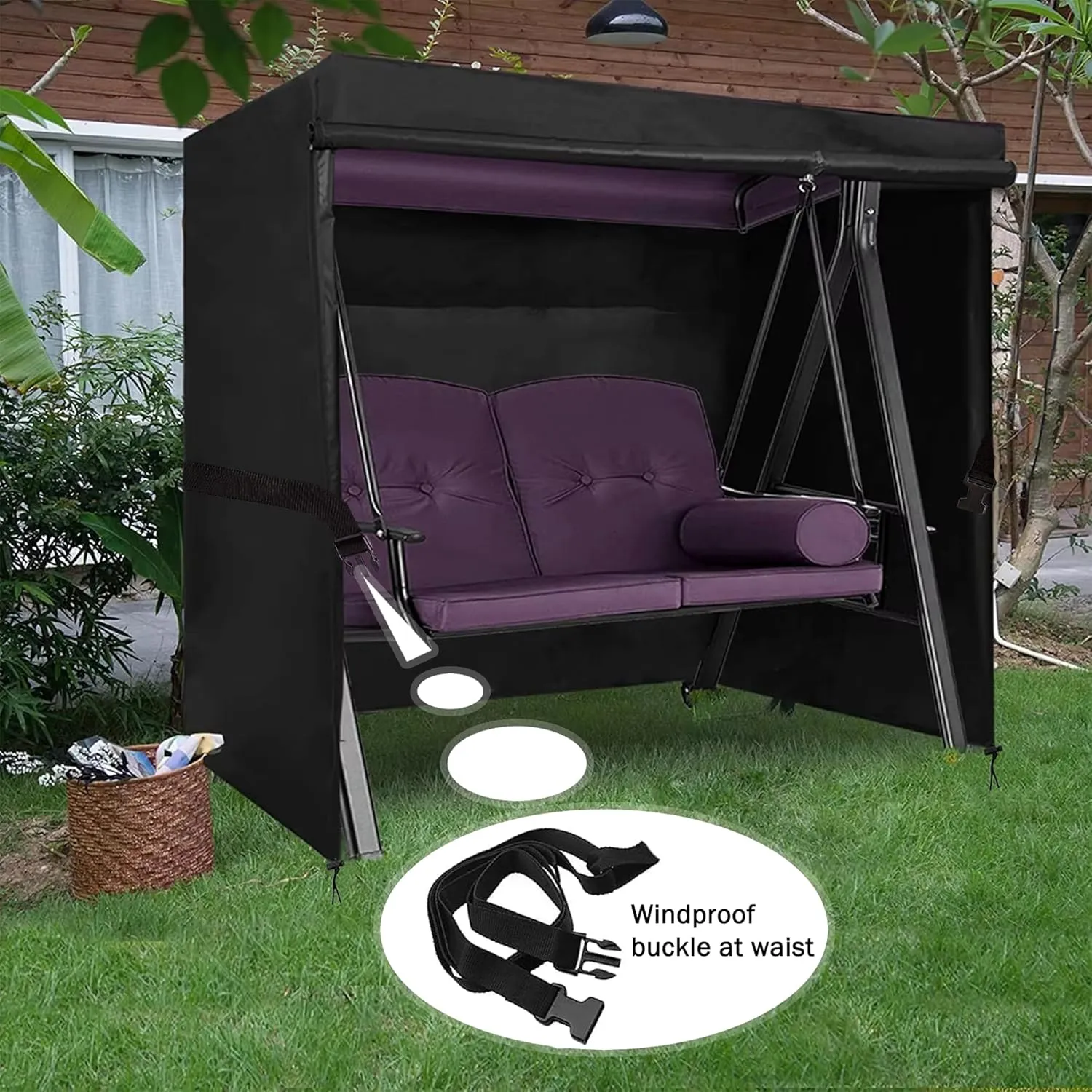 Patio Swing Cover, Durable 600D Oxford Porch Swing Canopy Cover with Zippers and Buckles, Outdoor 3-Seater Waterproof Garden Hammock Glider Covers, Windproof(Black, 65L x 50W x 66H inch)