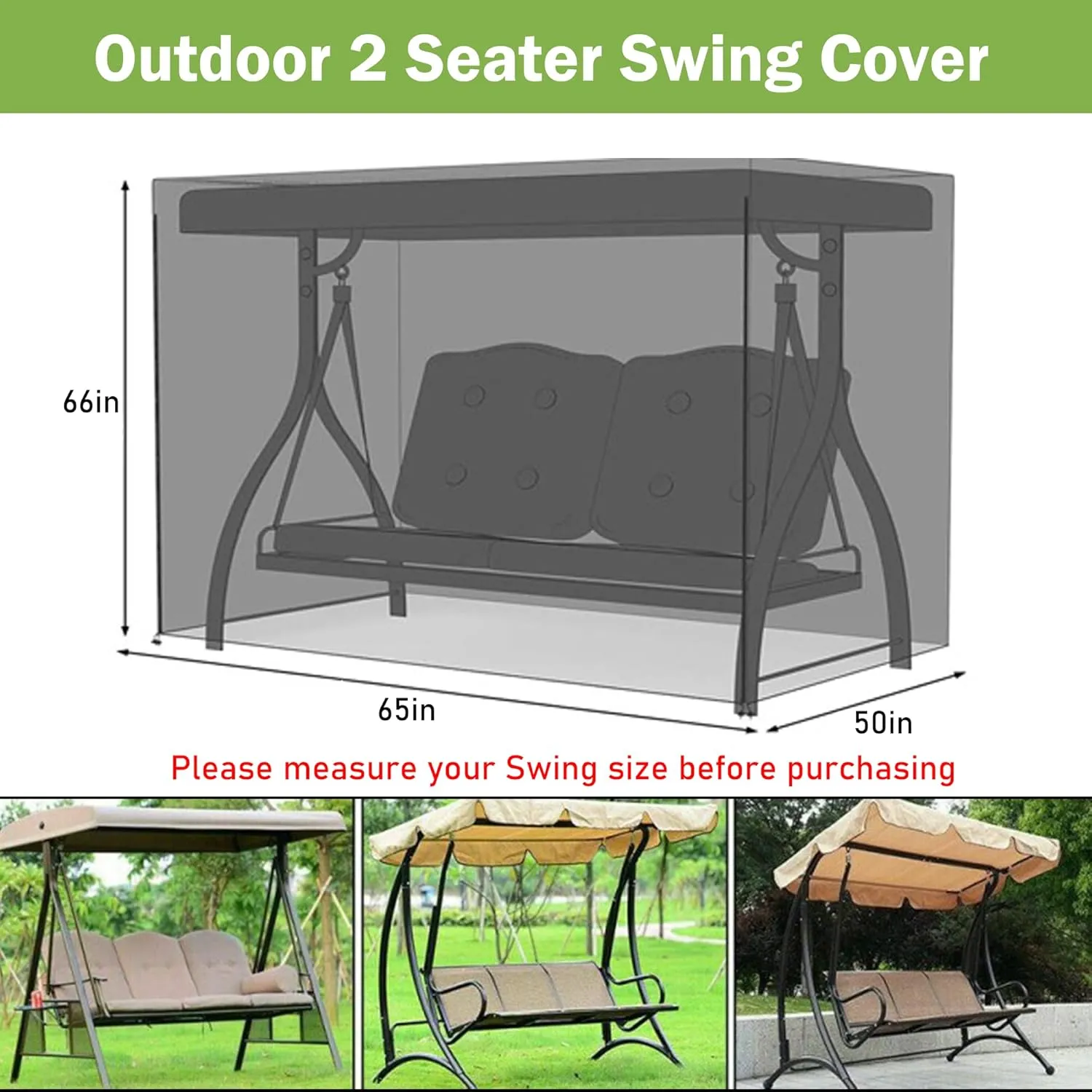 Patio Swing Cover, Durable 600D Oxford Porch Swing Canopy Cover with Zippers and Buckles, Outdoor 3-Seater Waterproof Garden Hammock Glider Covers, Windproof(Black, 65L x 50W x 66H inch)