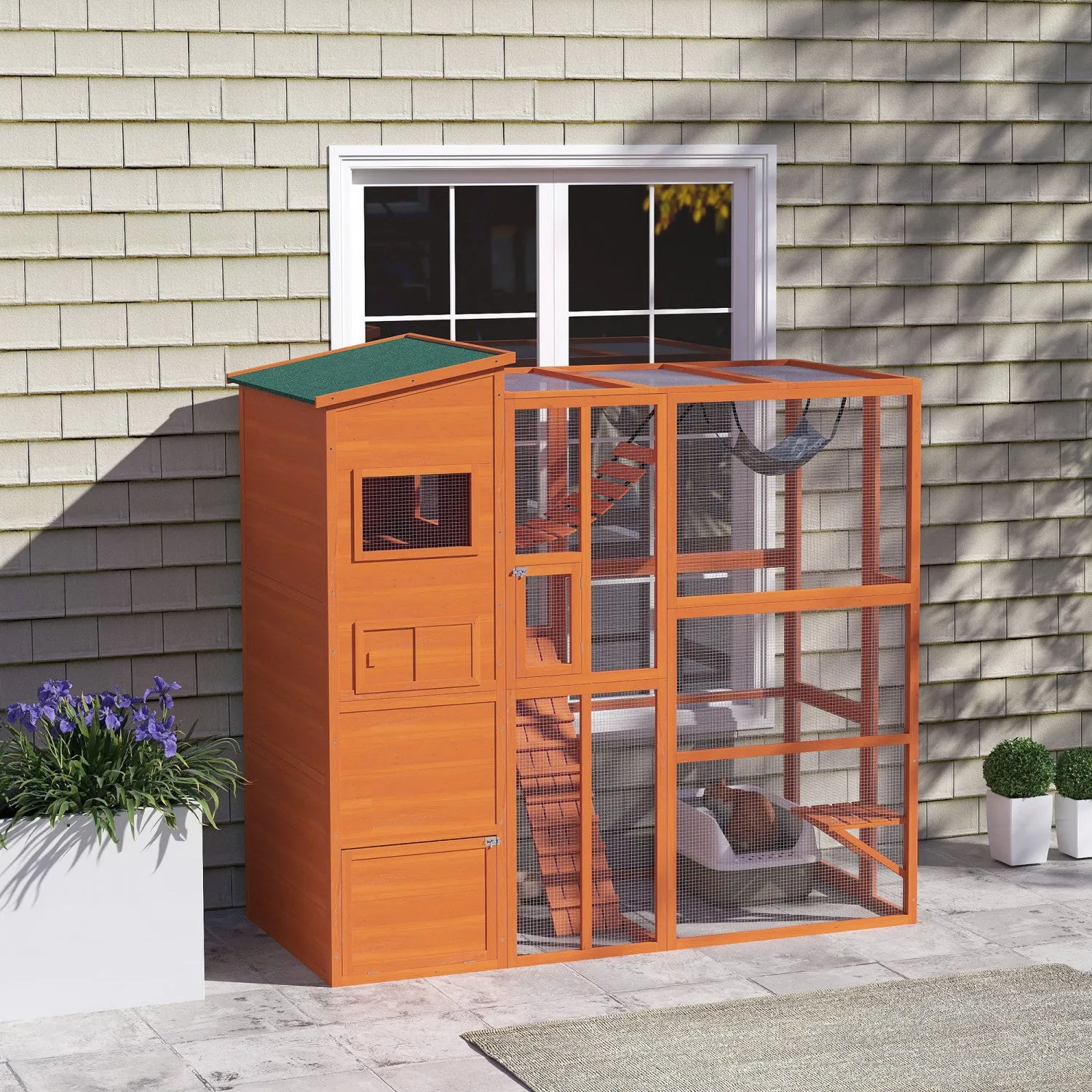 Pawhut Catio Outdoor Cat Enclosure, 76" L Large Weatherproof Cat House With Cat Condo, Jumping Platf|Pawhut Catio Enclos D'exterieur Pour Chat, 76" De Long, Grande Maison Resistante Aux Intemperies Ave