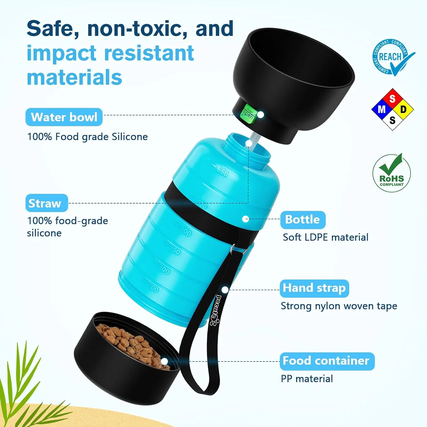 Pecute Dog Water Bottle Portable 22 oz with 5 oz Food Container, Poop Bag Holder, Portable Dog Water Bottle Dispenser, Leakproof, Lightweight, Pet Water Bottle for Dogs Outdoor Travel Walking