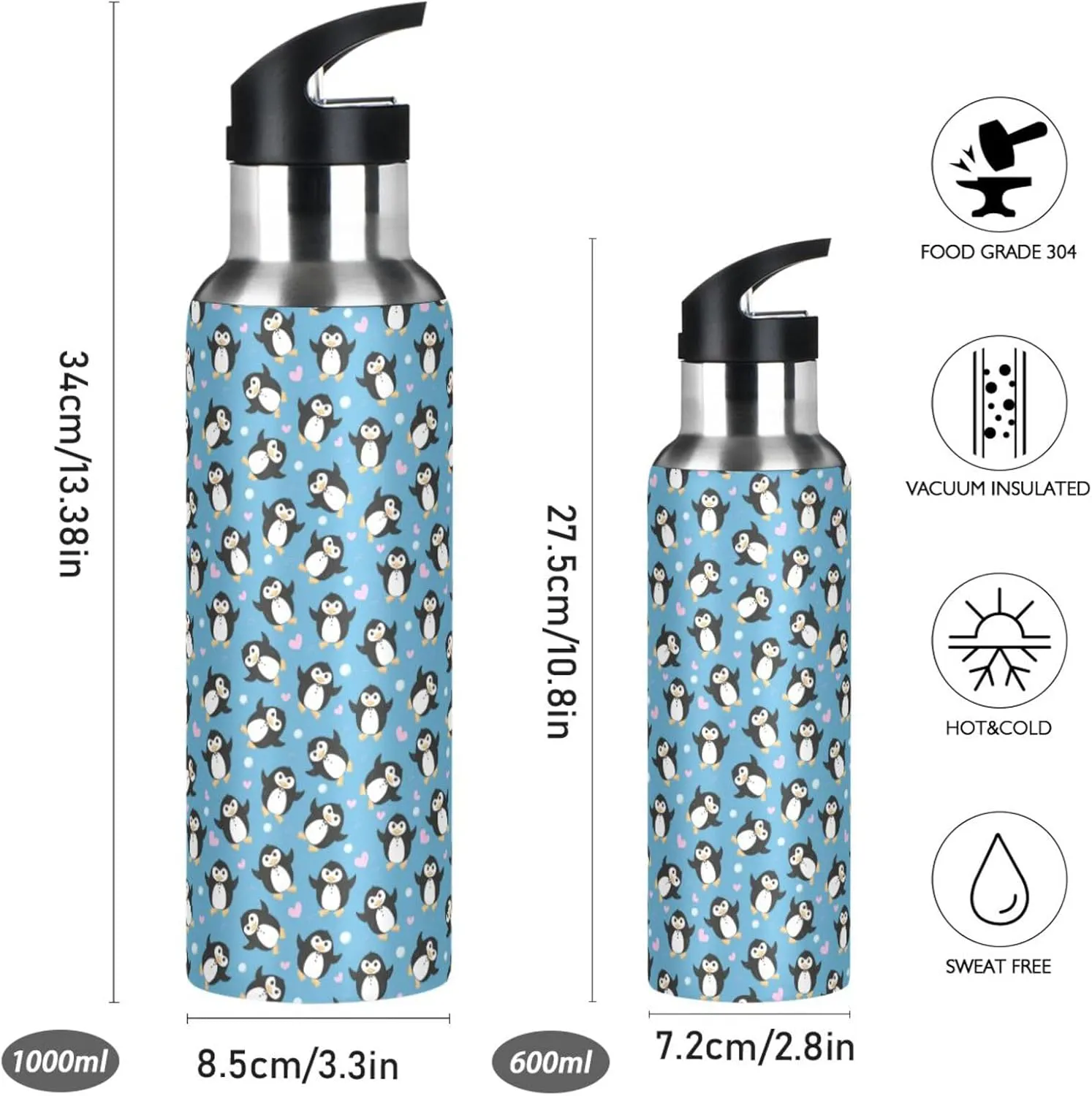 Penguin Hearts Water Bottle with Straw Lid Double Wall Valentine's Day Love Thermos Bottle Vacuum Insulated Flask Stainless Steel Water Bottle for Gym Outdoor 20 OZ