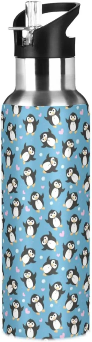 Penguin Hearts Water Bottle with Straw Lid Double Wall Valentine's Day Love Thermos Bottle Vacuum Insulated Flask Stainless Steel Water Bottle for Gym Outdoor 20 OZ