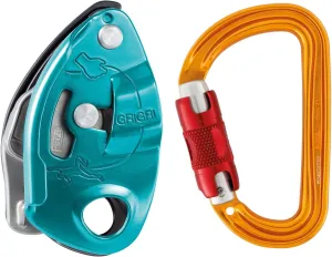 PETZL GRIGRI Belay Device with Sm'D Twist-Lock Carabiner - Belay Device with Cam-Assisted Blocking for Sport, Trad, & Top-Rope Climbing - Blue