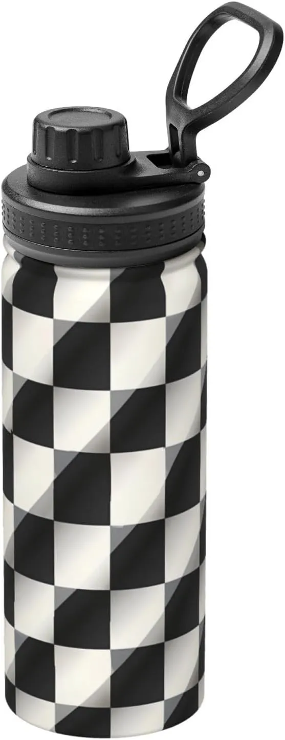PHAYAH Black And White Mosaic Camping Hiking Hydration Flask Stainless Steel, Double Walled & Vacuum Insulated Water Bottle