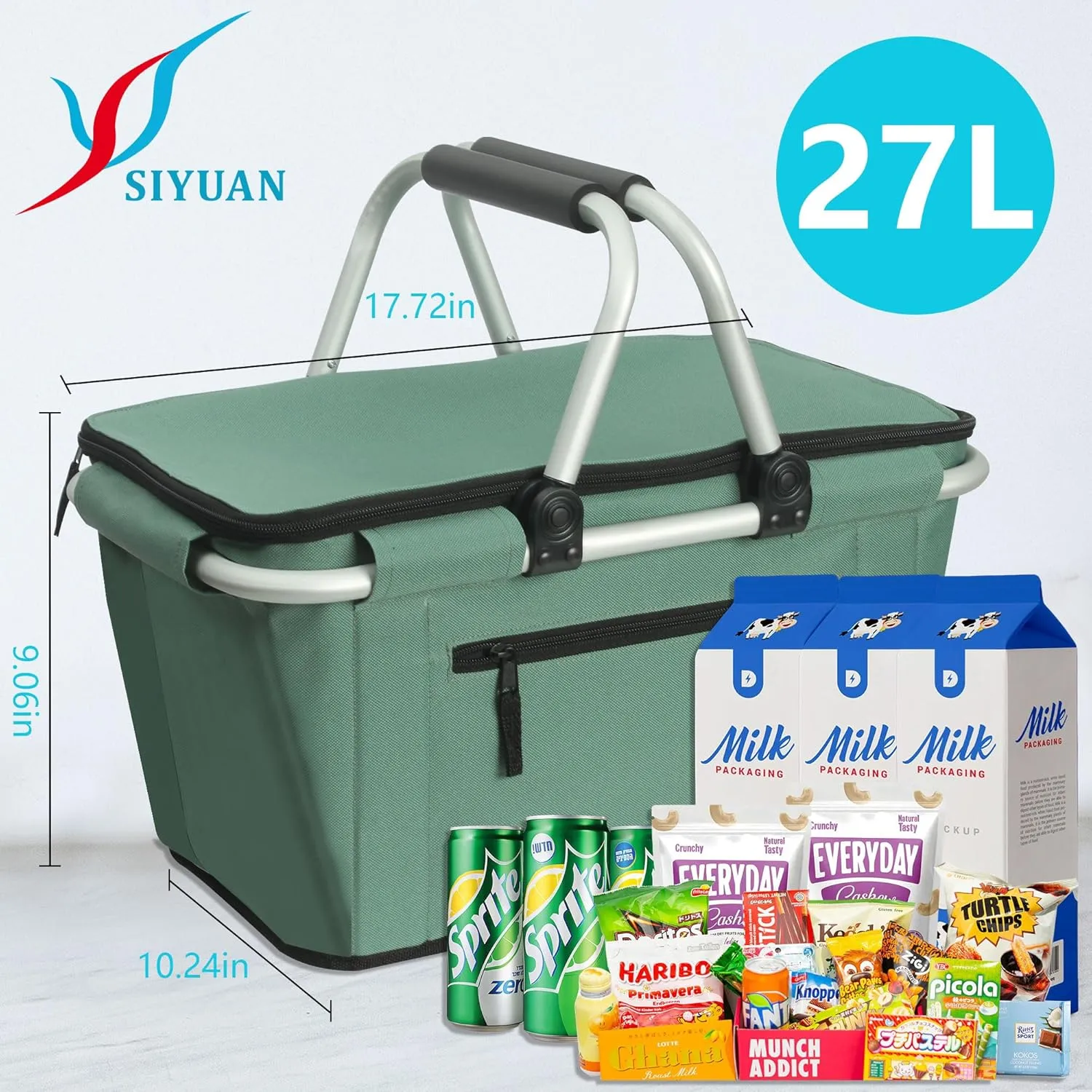 Picnic Basket, SIYUAN Collapsible Shopping Basket with Handles 27L Large Market Basket with Lid Reusable Folding Grocery Basket Insulated Cooler Bag, Green