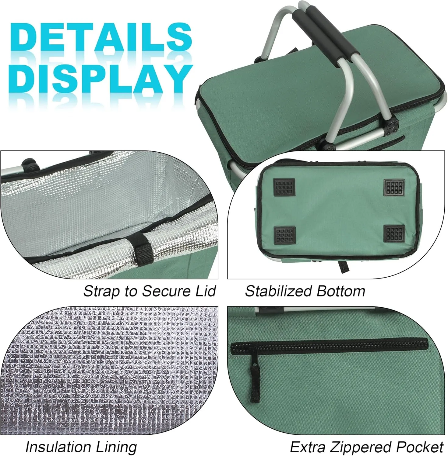 Picnic Basket, SIYUAN Collapsible Shopping Basket with Handles 27L Large Market Basket with Lid Reusable Folding Grocery Basket Insulated Cooler Bag, Green