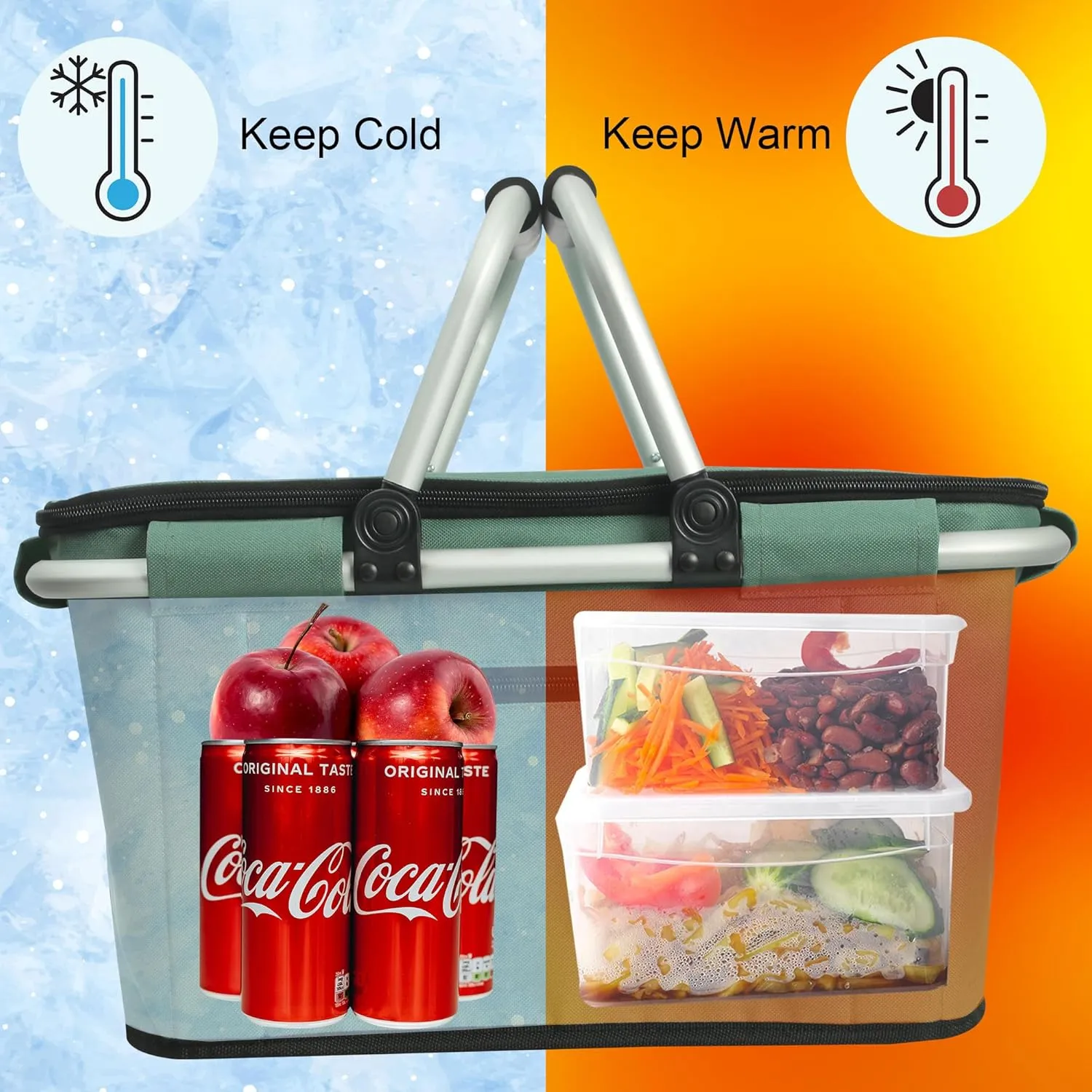 Picnic Basket, SIYUAN Collapsible Shopping Basket with Handles 27L Large Market Basket with Lid Reusable Folding Grocery Basket Insulated Cooler Bag, Green