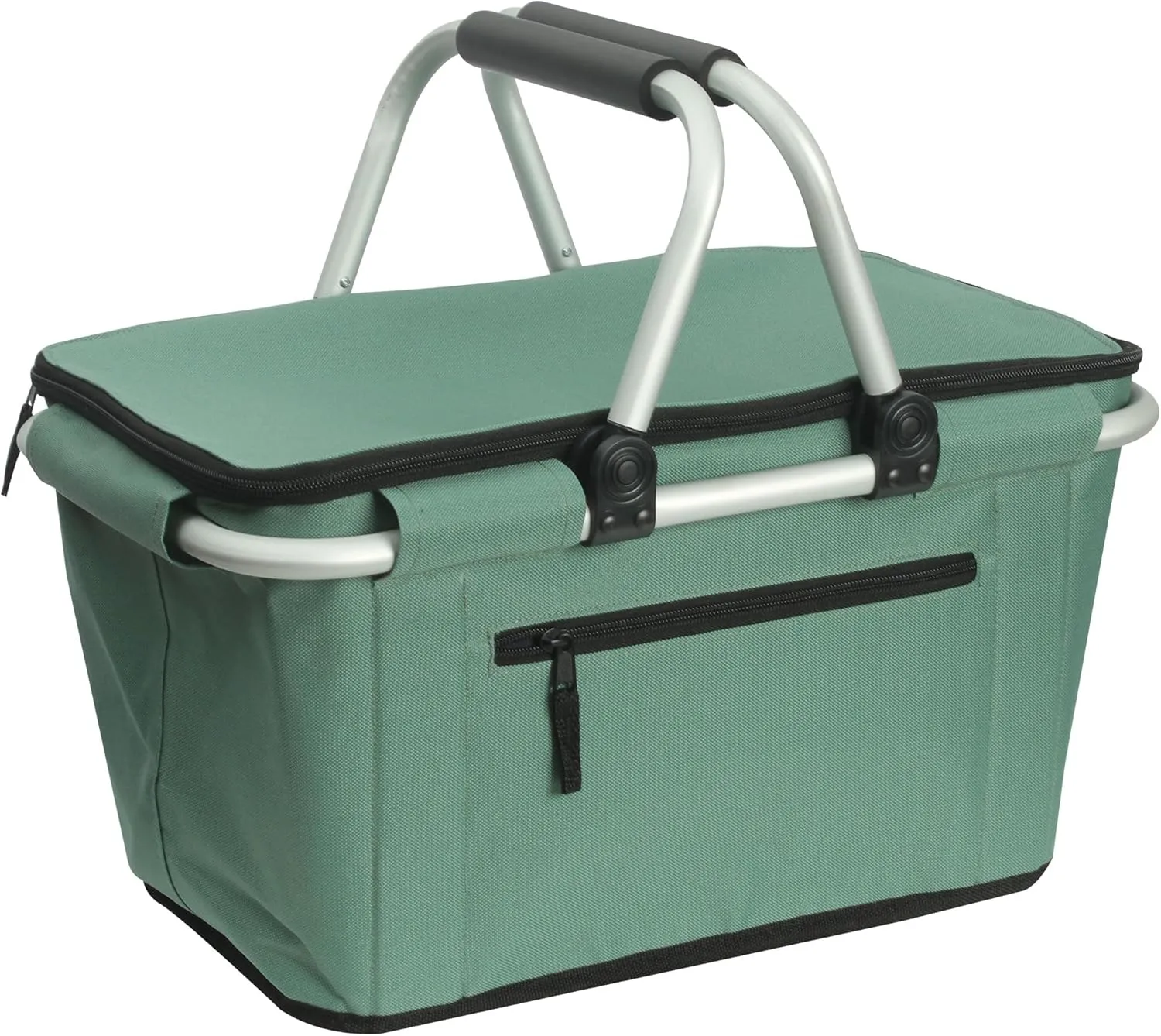 Picnic Basket, SIYUAN Collapsible Shopping Basket with Handles 27L Large Market Basket with Lid Reusable Folding Grocery Basket Insulated Cooler Bag, Green