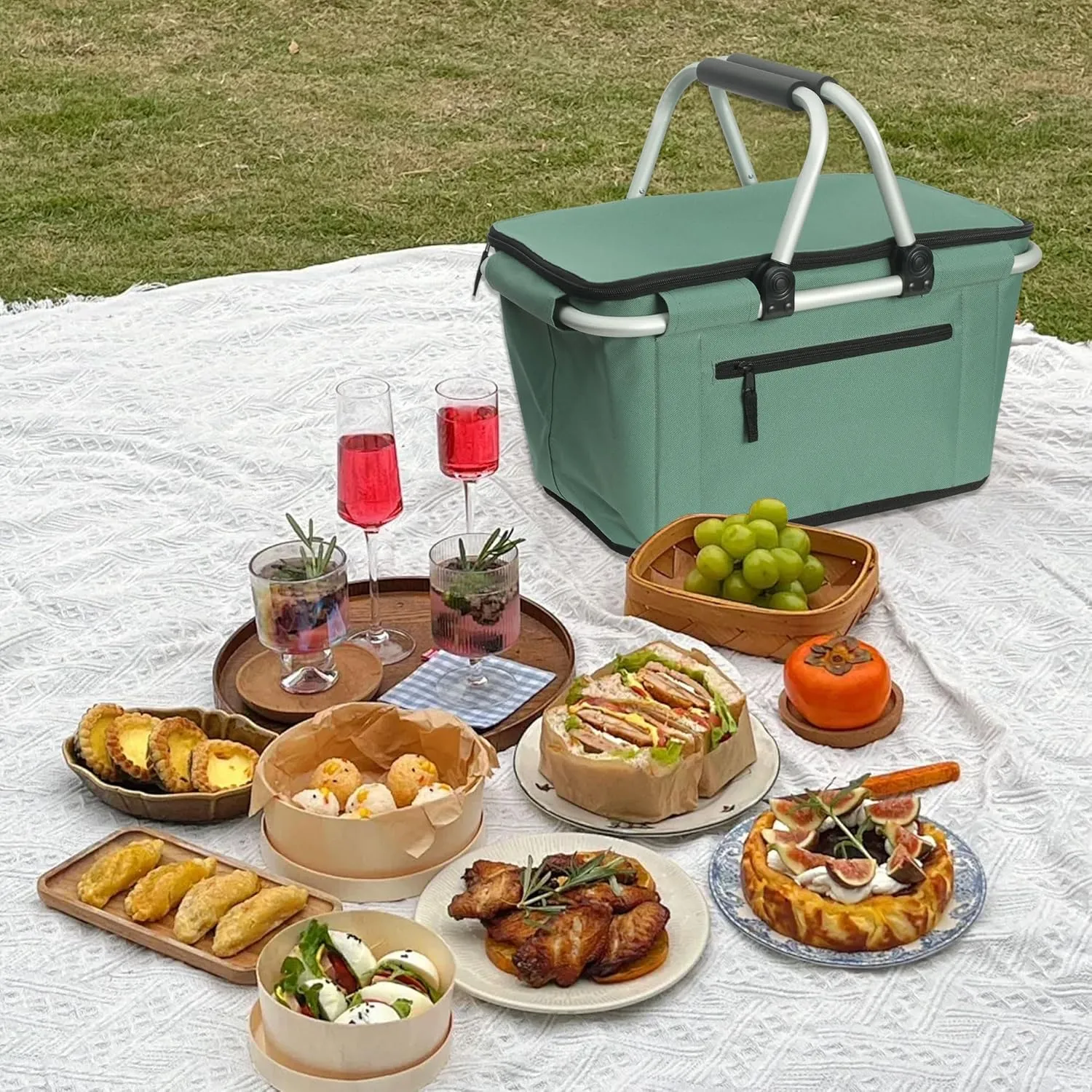 Picnic Basket, SIYUAN Collapsible Shopping Basket with Handles 27L Large Market Basket with Lid Reusable Folding Grocery Basket Insulated Cooler Bag, Green