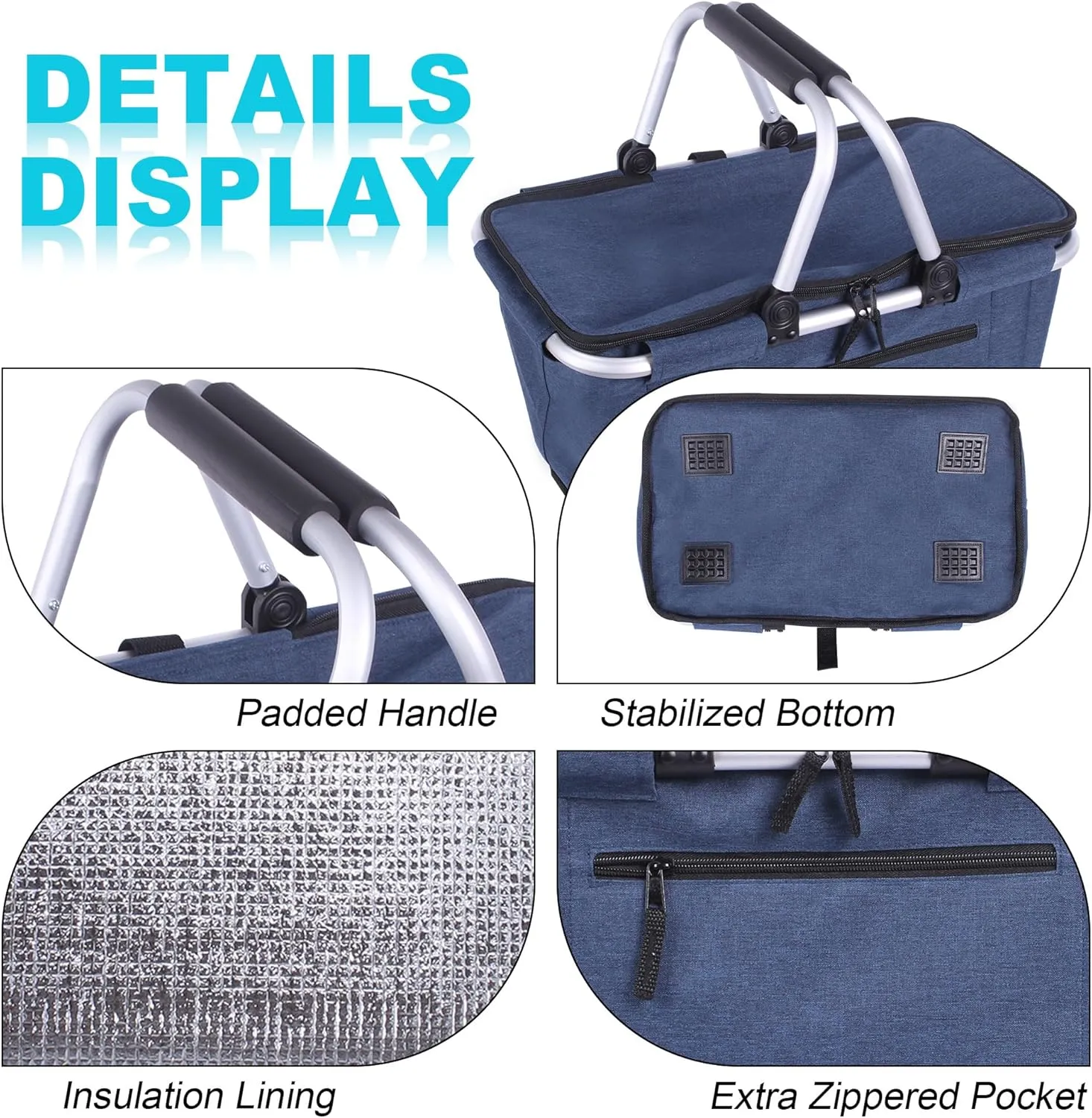 Picnic Basket, SIYUAN Collapsible Shopping Basket with Lid 27L Large Market Basket with Handles Reusable Folding Grocery Basket Insulated Cooler Bag for Picnic Travel, Blue