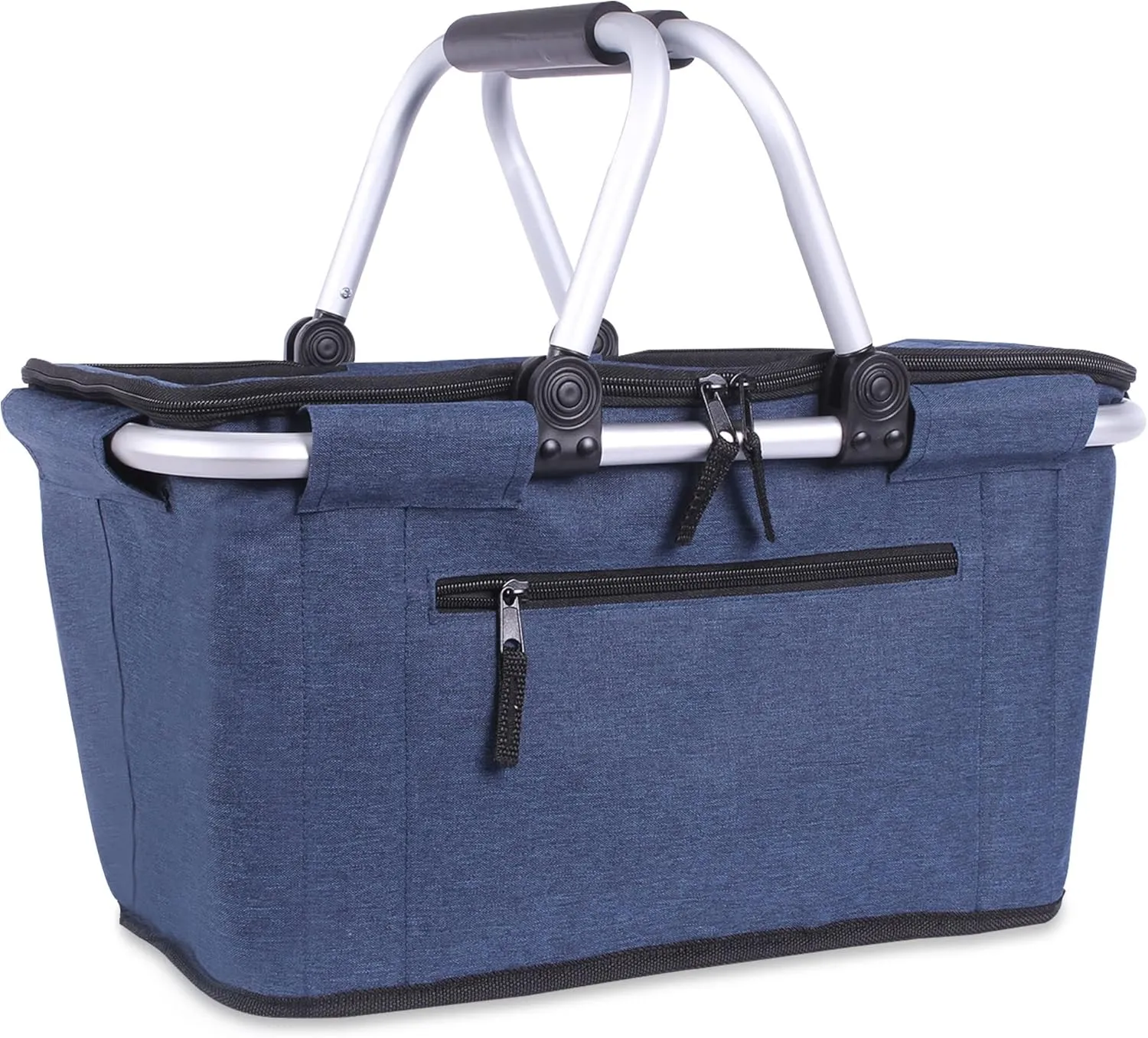 Picnic Basket, SIYUAN Collapsible Shopping Basket with Lid 27L Large Market Basket with Handles Reusable Folding Grocery Basket Insulated Cooler Bag for Picnic Travel, Blue
