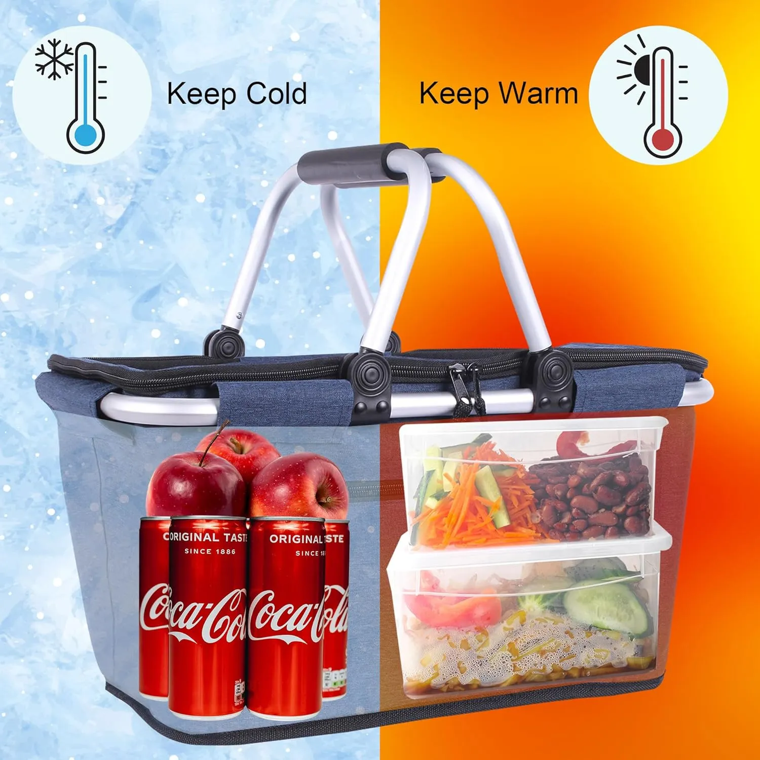 Picnic Basket, SIYUAN Collapsible Shopping Basket with Lid 27L Large Market Basket with Handles Reusable Folding Grocery Basket Insulated Cooler Bag for Picnic Travel, Blue