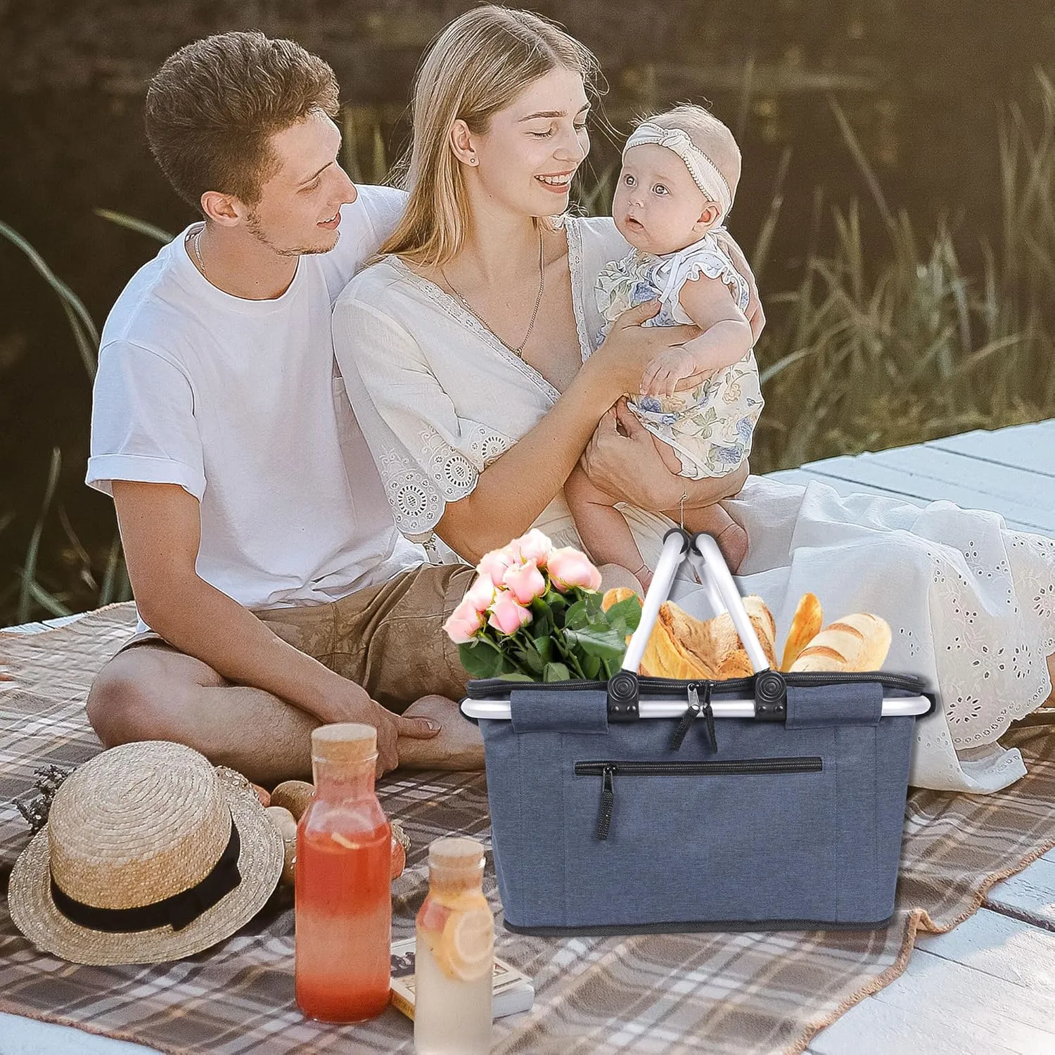 Picnic Basket, SIYUAN Collapsible Shopping Basket with Lid 27L Large Market Basket with Handles Reusable Folding Grocery Basket Insulated Cooler Bag for Picnic Travel, Blue