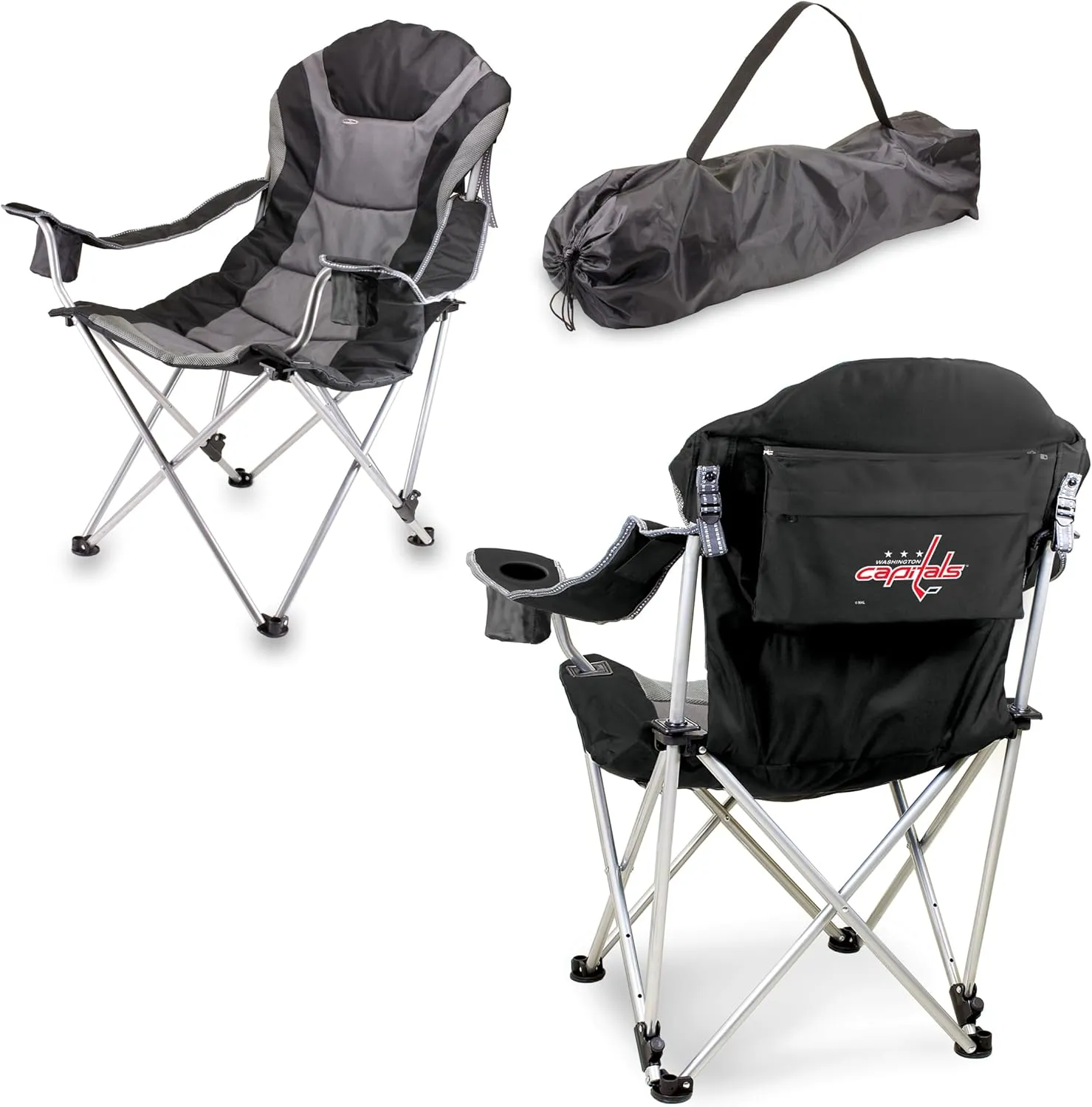 PICNIC TIME NHL Washington Capitals Reclining Camp Chair, Beach Chair for Adults, Sports Chair with Carry Bag, (Black with Gray Accents)