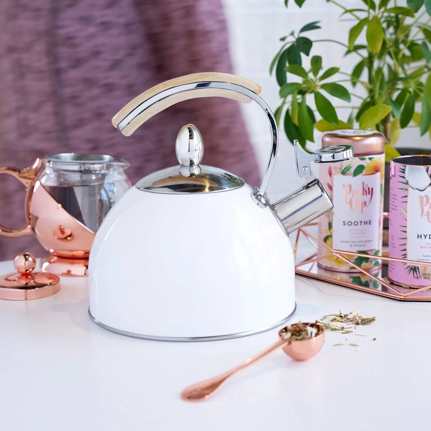 Pinky Up Presley Tea Kettle, Stovetop Stainless Steel Kettle, Whistling, Tea Accessory Gifts, Fast Boil Water Kettle, Wooden Handle, 70 Oz, White
