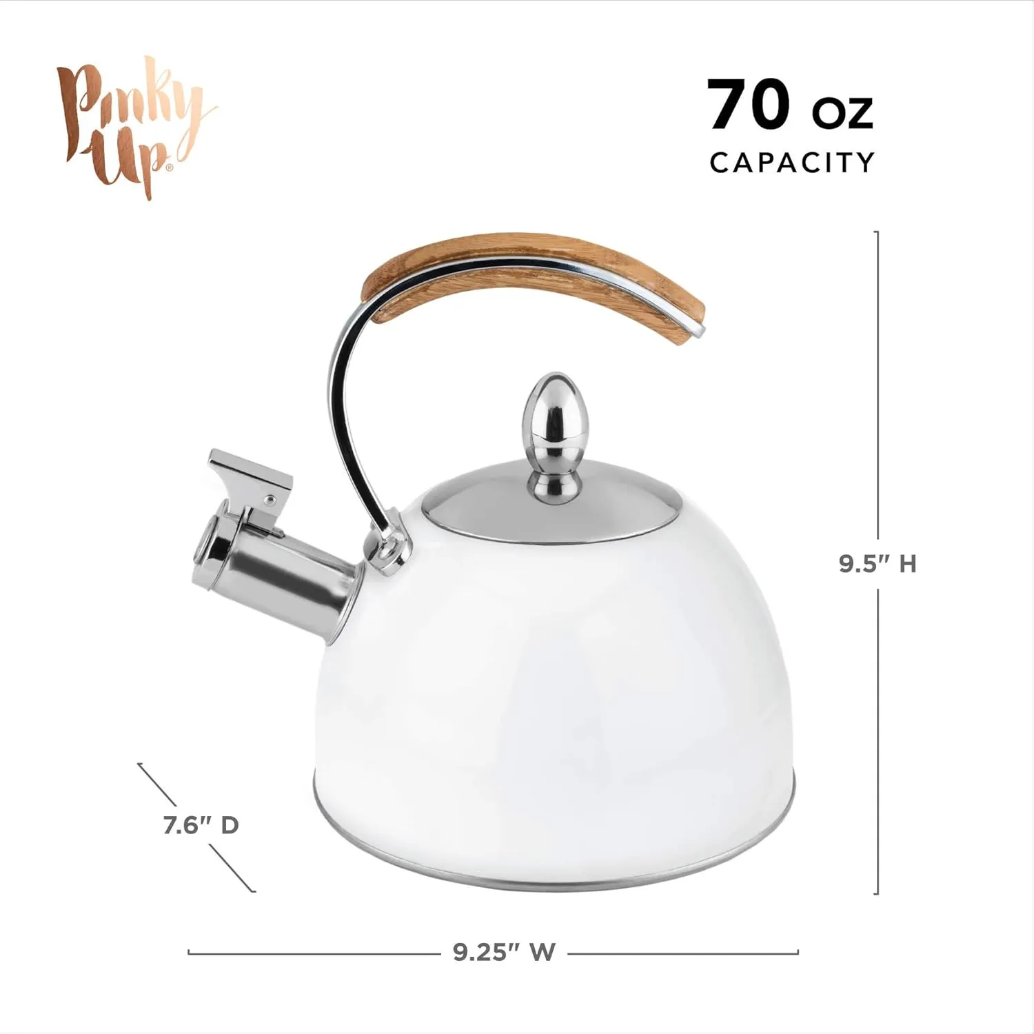 Pinky Up Presley Tea Kettle, Stovetop Stainless Steel Kettle, Whistling, Tea Accessory Gifts, Fast Boil Water Kettle, Wooden Handle, 70 Oz, White