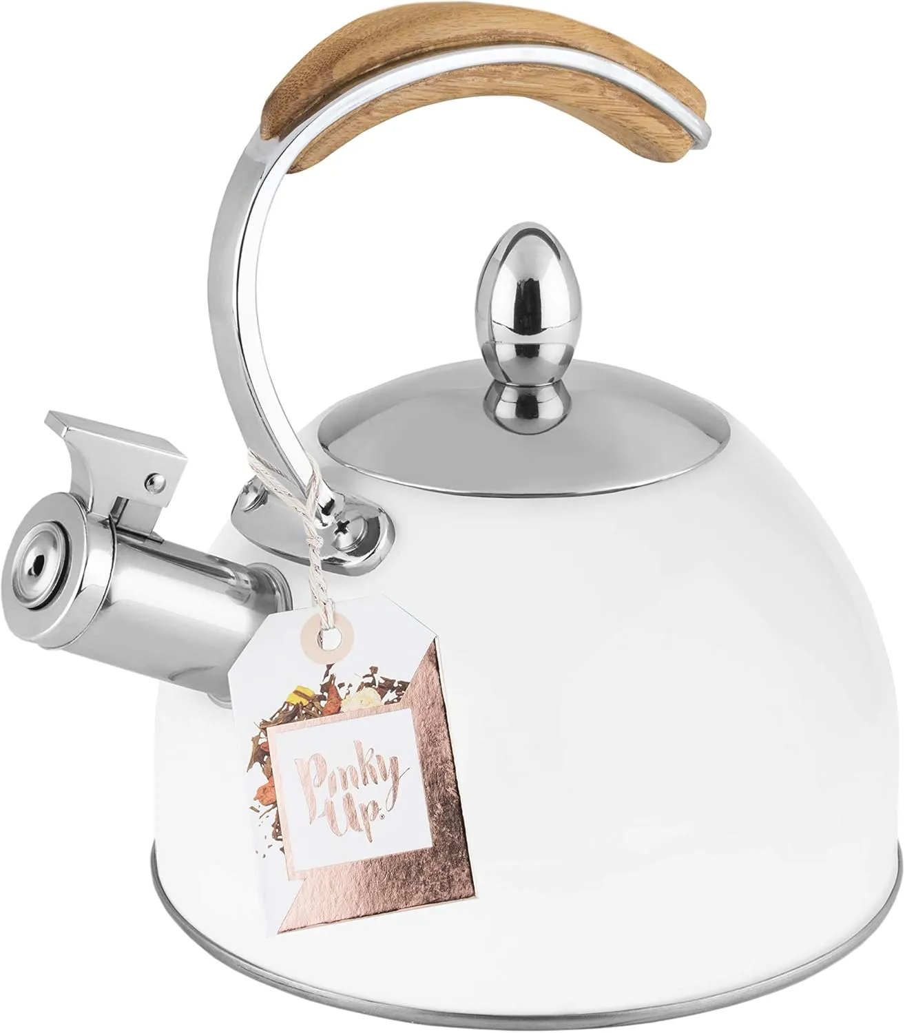 Pinky Up Presley Tea Kettle, Stovetop Stainless Steel Kettle, Whistling, Tea Accessory Gifts, Fast Boil Water Kettle, Wooden Handle, 70 Oz, White