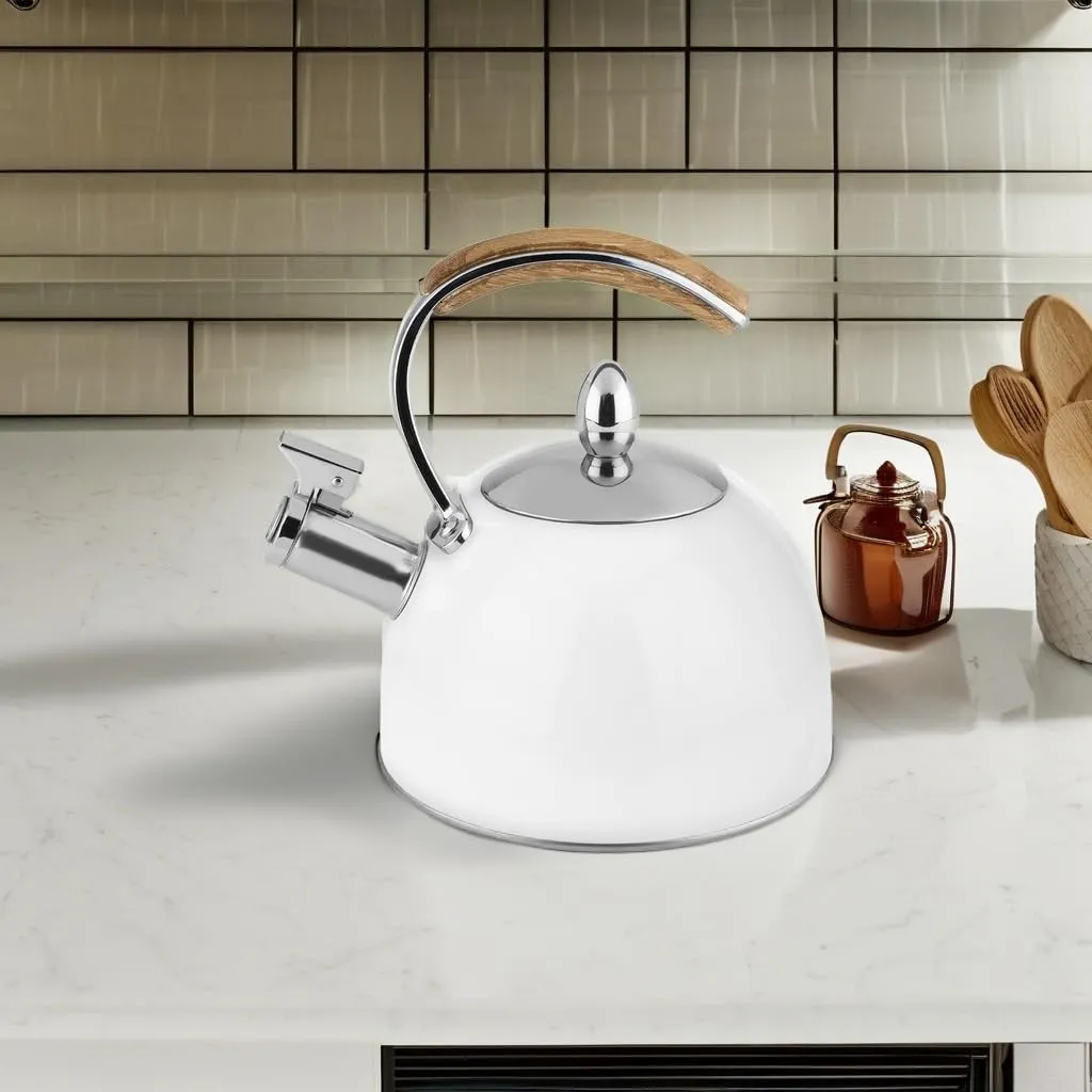 Pinky Up Presley Tea Kettle, Stovetop Stainless Steel Kettle, Whistling, Tea Accessory Gifts, Fast Boil Water Kettle, Wooden Handle, 70 Oz, White