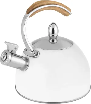 Pinky Up Presley Tea Kettle, Stovetop Stainless Steel Kettle, Whistling, Tea Accessory Gifts, Fast Boil Water Kettle, Wooden Handle, 70 Oz, White