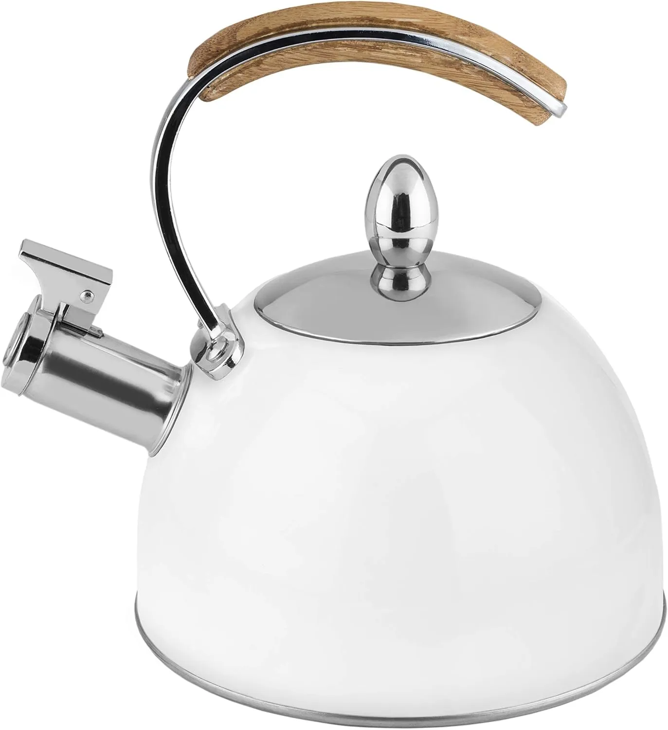 Pinky Up Presley Tea Kettle, Stovetop Stainless Steel Kettle, Whistling, Tea Accessory Gifts, Fast Boil Water Kettle, Wooden Handle, 70 Oz, White
