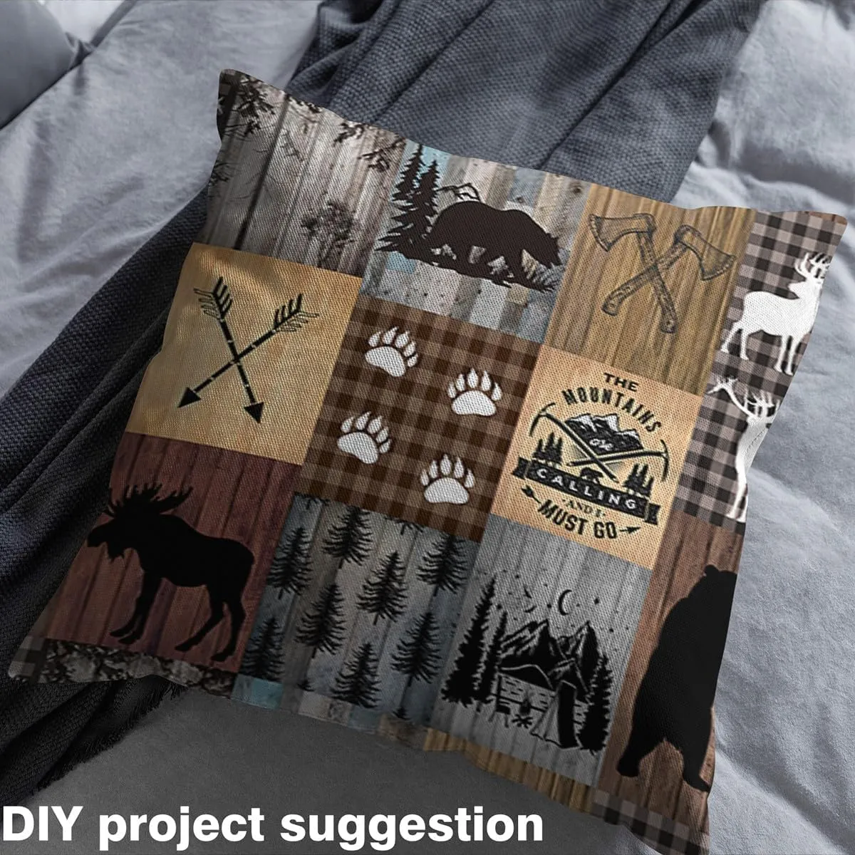 Plaid Deer Bear Upholstery Fabric for 5 Yard, Bear Lodge Patchwork Decorative Waterproof Outdoor Fabric Camping Hunting Fabric by The Yard for Kids Boys Girls Rustic Cabin Buffalo Outdoor