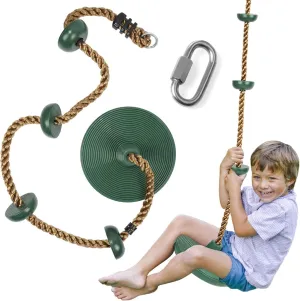 Platforms Disc Tree Swing Seat and Climbing Knot Rope with Carabiner Hook for Kids Outdoor Playground Set (Green)