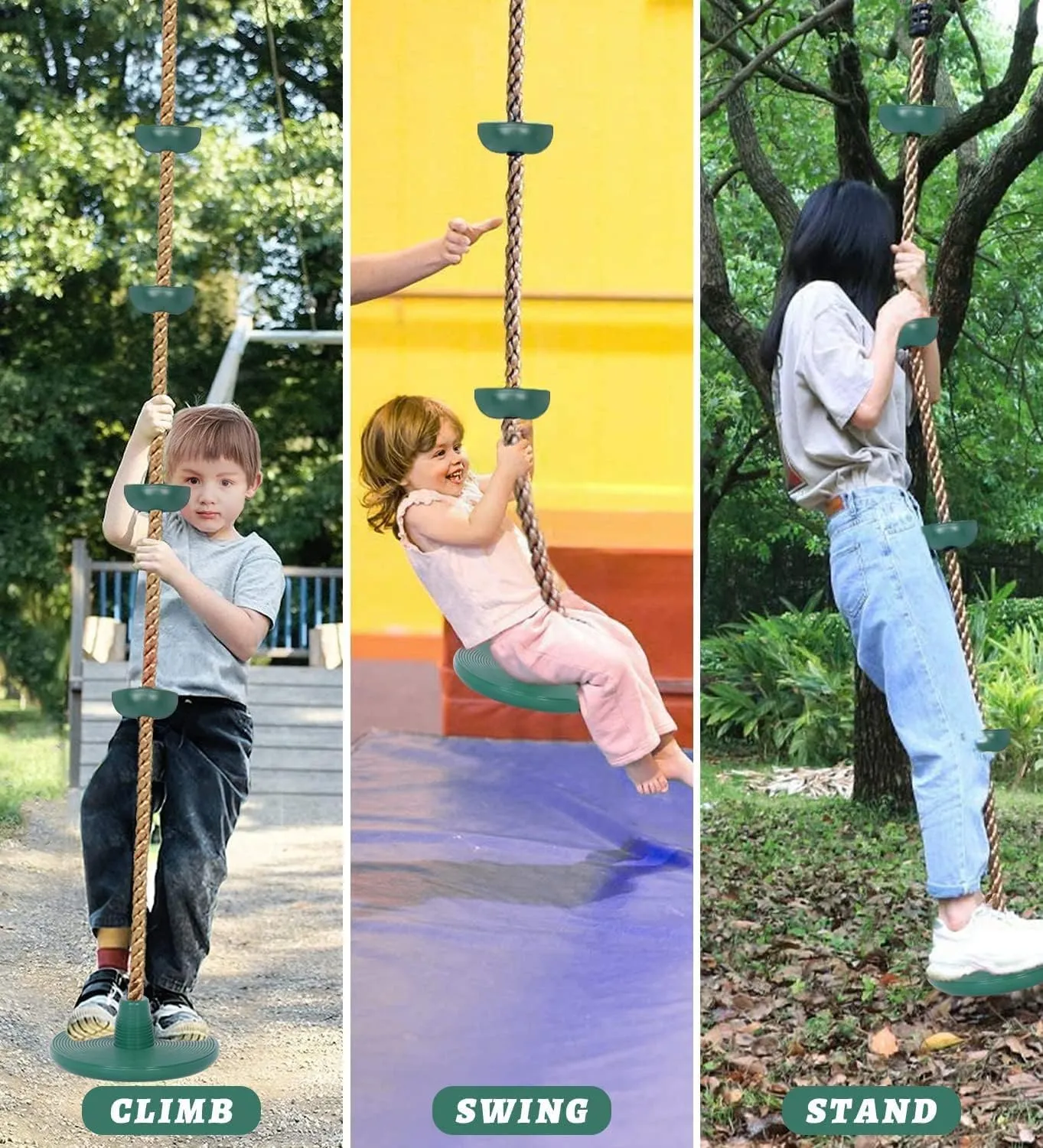 Platforms Disc Tree Swing Seat and Climbing Knot Rope with Carabiner Hook for Kids Outdoor Playground Set (Green)