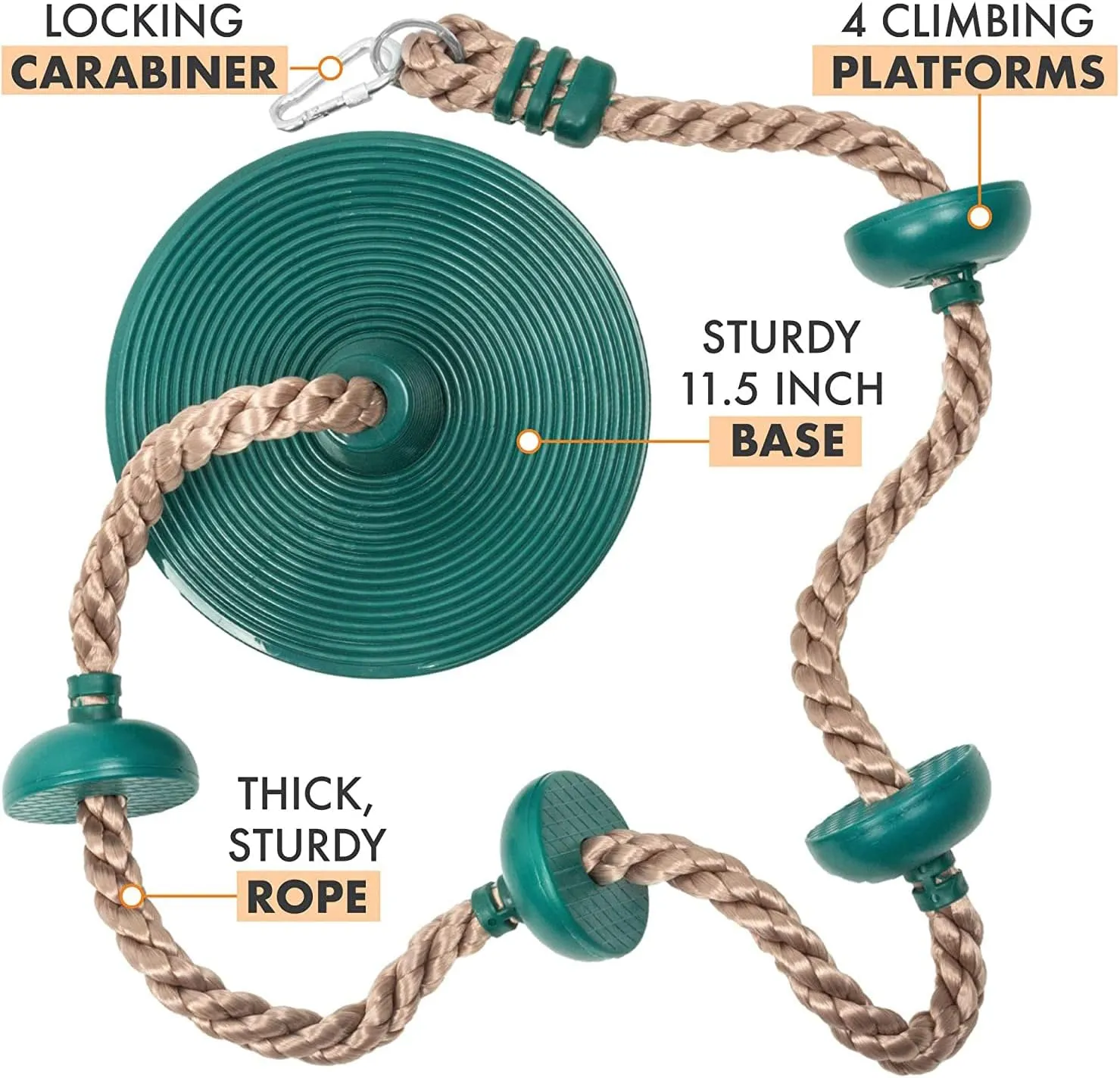 Platforms Disc Tree Swing Seat and Climbing Knot Rope with Carabiner Hook for Kids Outdoor Playground Set (Green)