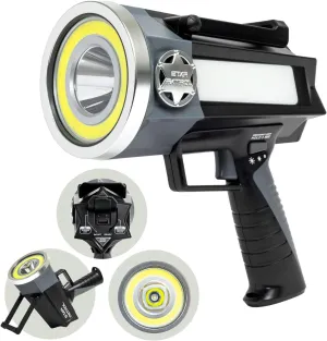 Platinum Mega-Bright Rechargeable Spotlight, AS-SEEN-ON-TV, Tactical Flashlight, 10 Modes, Turbo Boost Up to 200%, Built-in Kickstand & Phone Charger, for Camping,Emergencies, 9 in, Black
