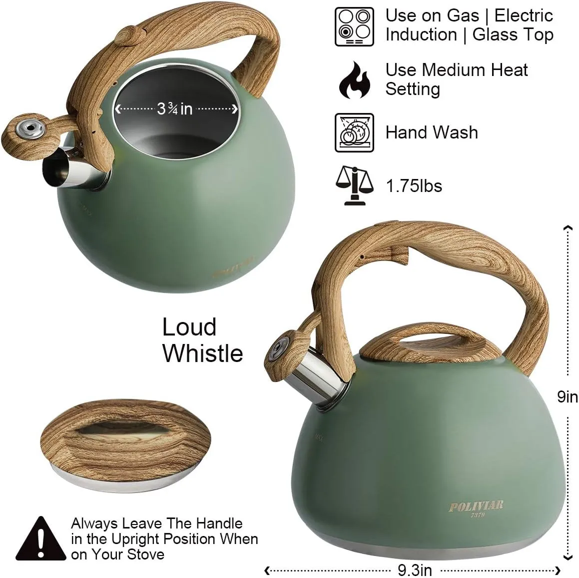 Poliviar Tea Kettle, 2.7 Quart Seaweed Green Finish with Wood Pattern Handle Loud Whistle Food Grade Stainless Steel Teapot, Anti-Hot Handle and Anti-Rust, Suitable for All Heat Sources (JX2020-SB30)