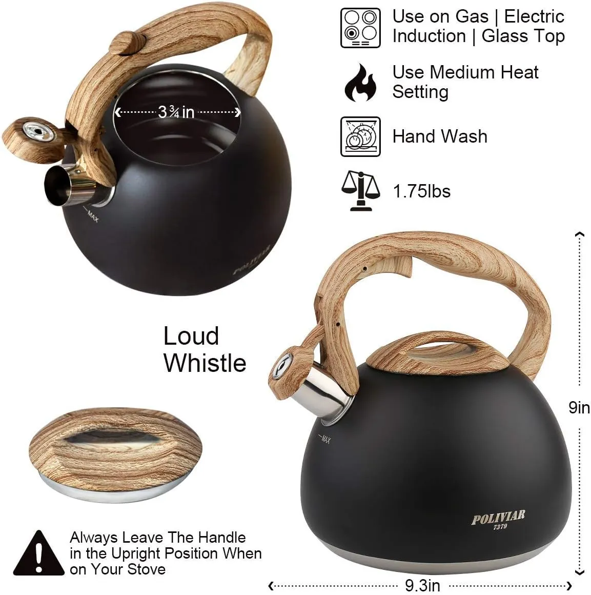 POLIVIAR Tea Kettle, Black Ti Stovetop Tea Kettle 2.7 Quart , Audible Whistling Teapot, Food Grade Stainless Steel for Anti-Rust and Anti Hot Handle, Suitable for All Heat Sources (JX2018-WB20)