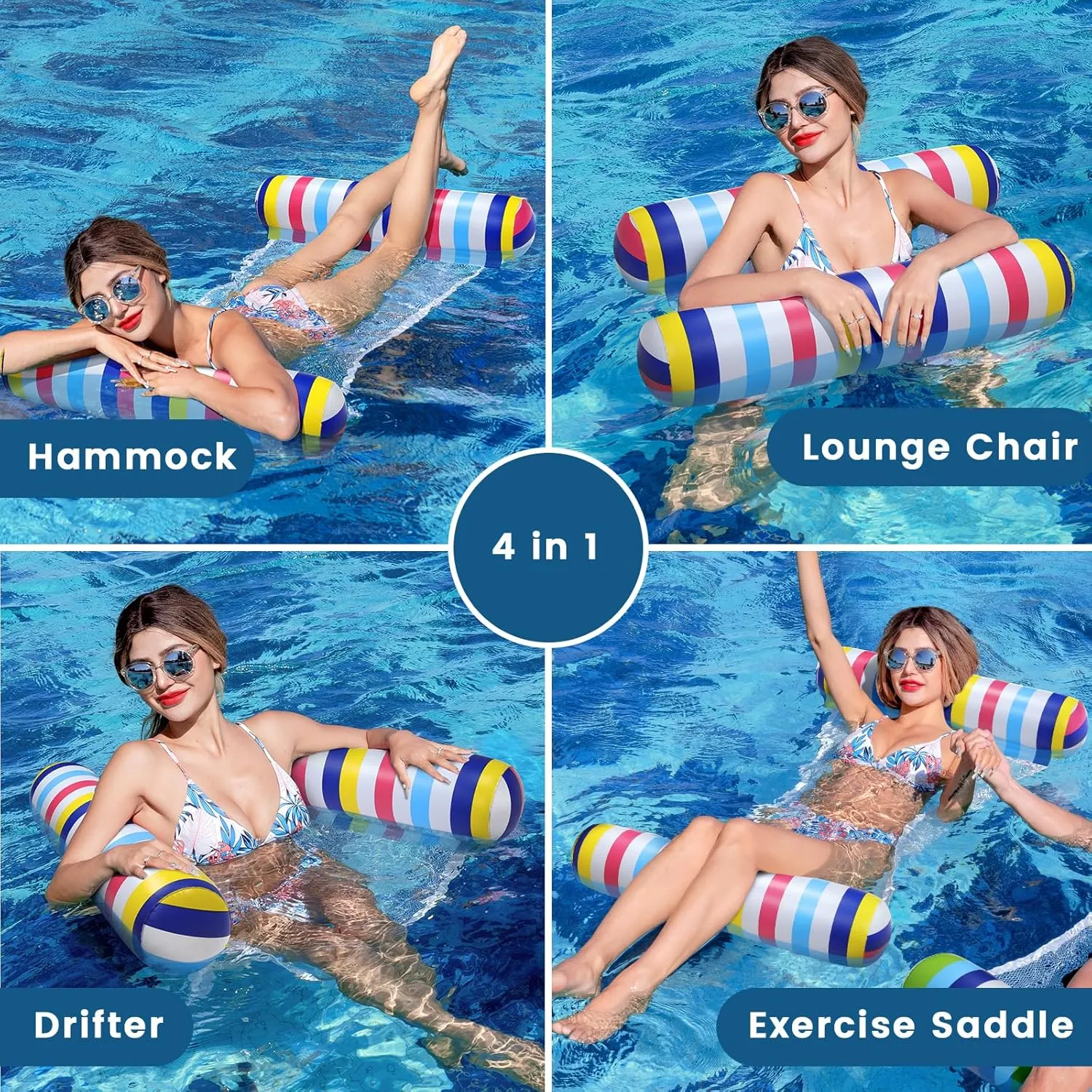 Pool Floats Adult, 2 Pack Inflatable Pool Floats, 4-in-1 Multi-Purpose Rafts Lounger Water Hammock for Swimming Pool, Thick PVC Pool Floaties for Adults Vacation