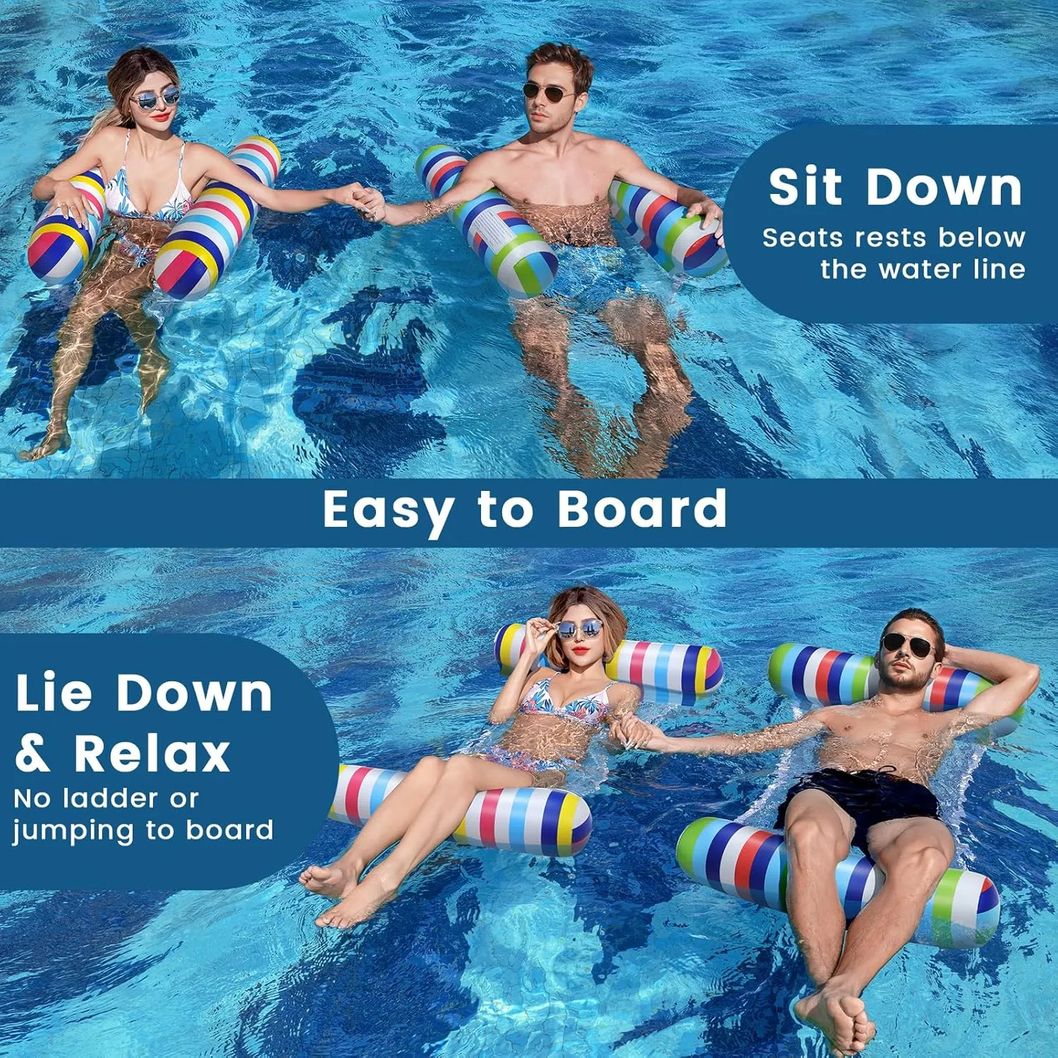 Pool Floats Adult, 2 Pack Inflatable Pool Floats, 4-in-1 Multi-Purpose Rafts Lounger Water Hammock for Swimming Pool, Thick PVC Pool Floaties for Adults Vacation