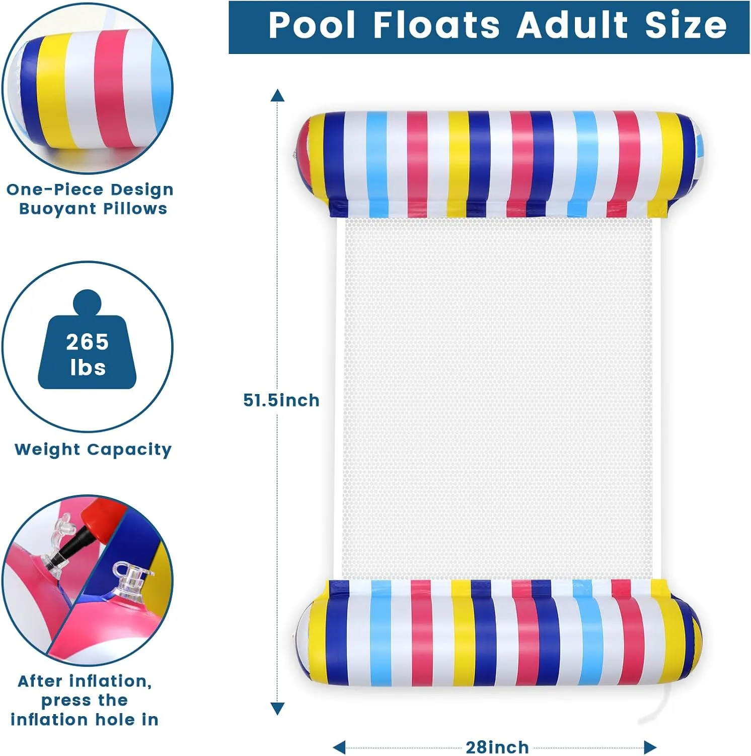Pool Floats Adult, 2 Pack Inflatable Pool Floats, 4-in-1 Multi-Purpose Rafts Lounger Water Hammock for Swimming Pool, Thick PVC Pool Floaties for Adults Vacation