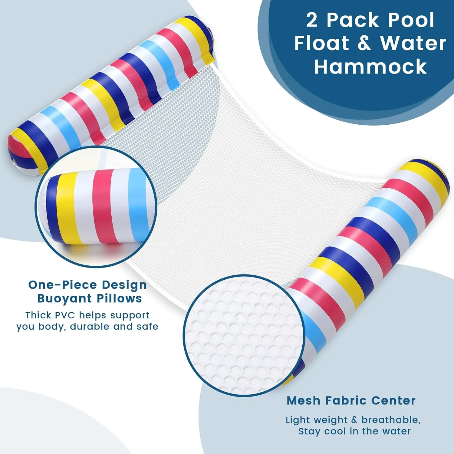 Pool Floats Adult, 2 Pack Inflatable Pool Floats, 4-in-1 Multi-Purpose Rafts Lounger Water Hammock for Swimming Pool, Thick PVC Pool Floaties for Adults Vacation