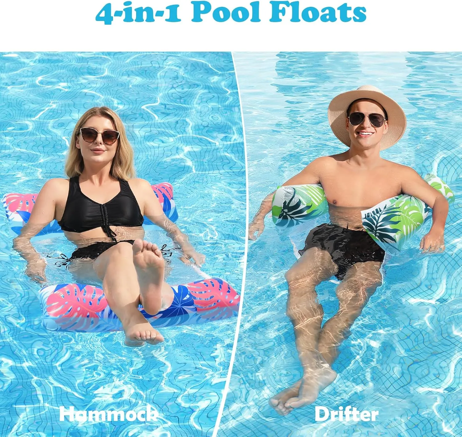 Pool Floats Adult, 2 Pack Inflatable Pool Floats, 4-in-1 Multi-Purpose Rafts Lounger Water Hammock for Swimming Pool, Thick PVC Pool Floaties for Adults Vacation