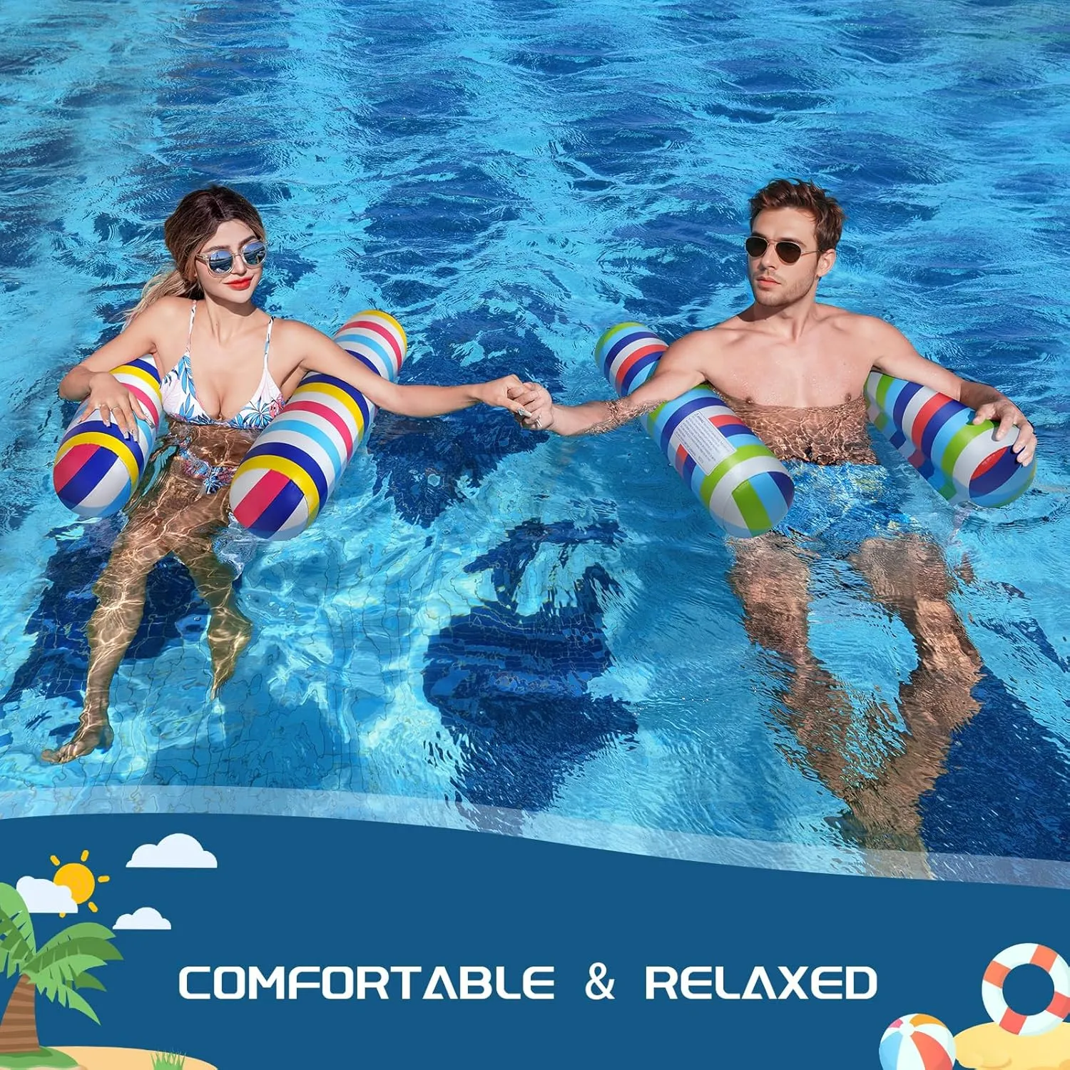 Pool Floats Adult, 2 Pack Inflatable Pool Floats, 4-in-1 Multi-Purpose Rafts Lounger Water Hammock for Swimming Pool, Thick PVC Pool Floaties for Adults Vacation