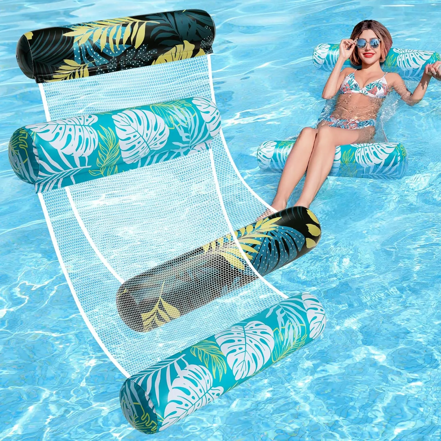 Pool Floats Adult - 2 Pack Inflatable Pool Floats Rafts, 4-in-1 Floats for Swimming Pool, Thick PVC Pool Float Lounger Water Hammock