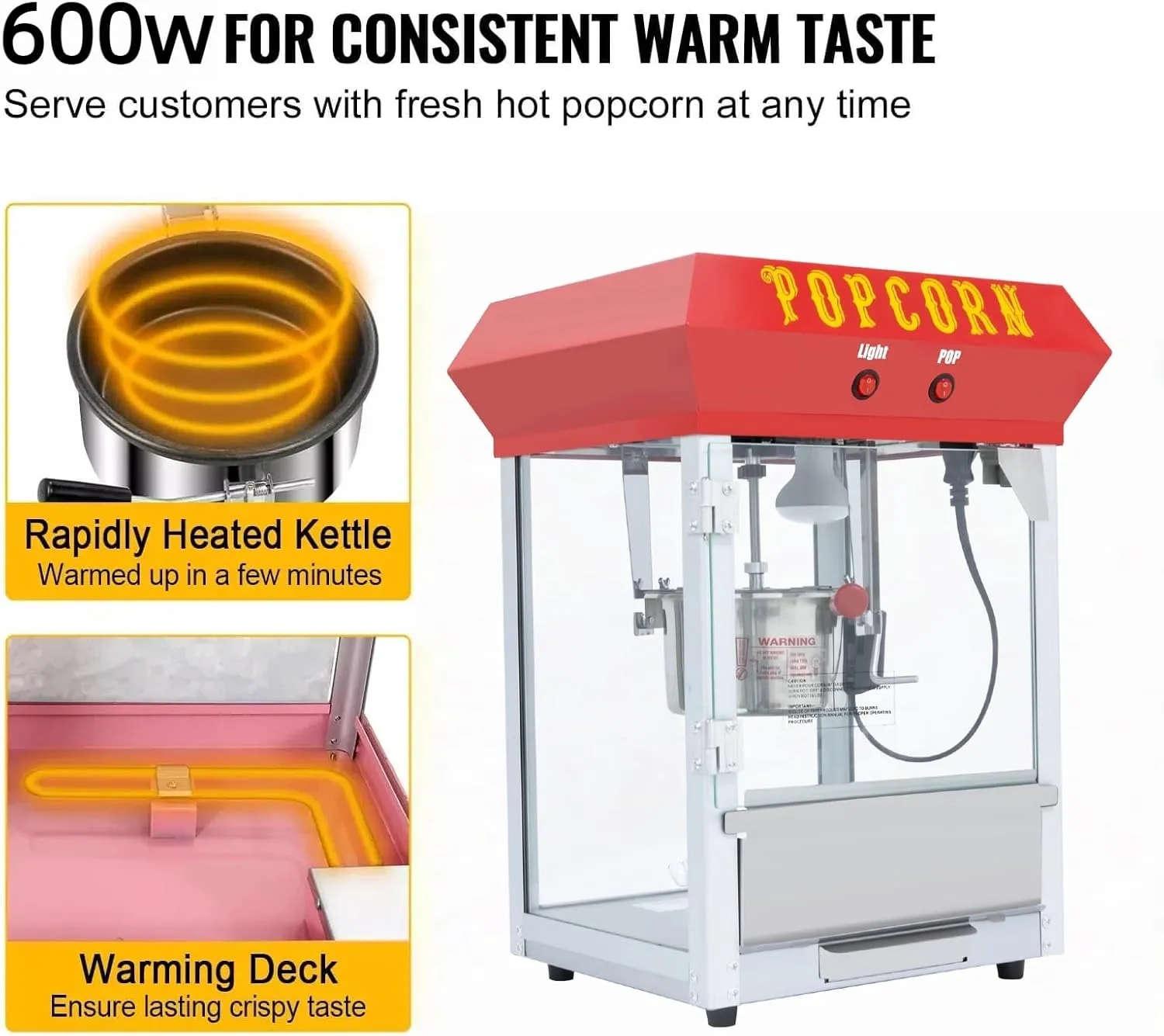 Popcorn Machine, 6Oz Nonstick Kettle,600W Countertop Popcorn Maker for 24 Cups per Batch, with Measuring Tool and Popcorn Scoop-12 hours of heat retention to keep popcorn crispy and flavorful (red)