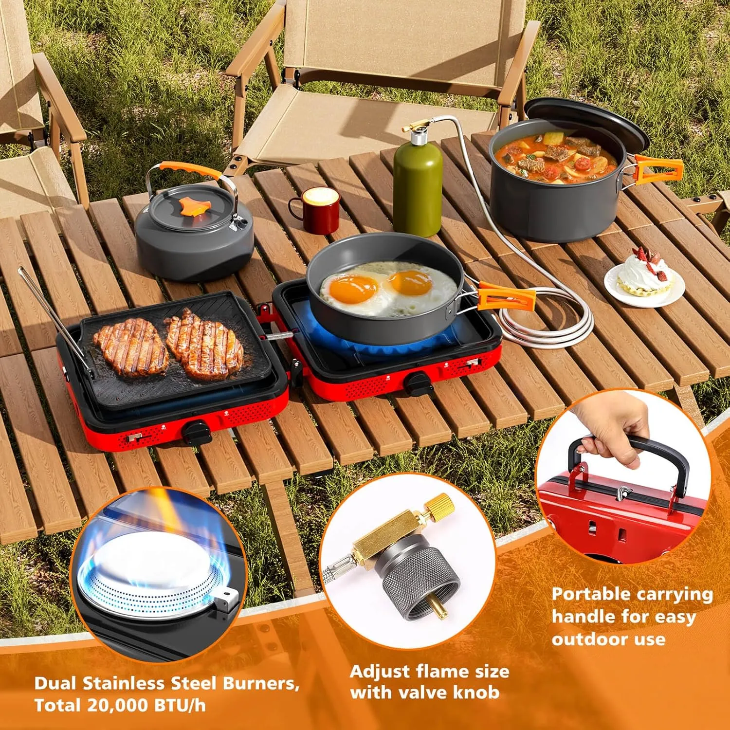 Portable 2 Burner Camping Stove Set with Cookware, 20,000 BTU/h, Outdoor Cooking Kit Includes Outdoor Folding Gas Stove, Frying Pan, Griddle, Kettle, Pot, and Carry Bag, For Propane & Butane