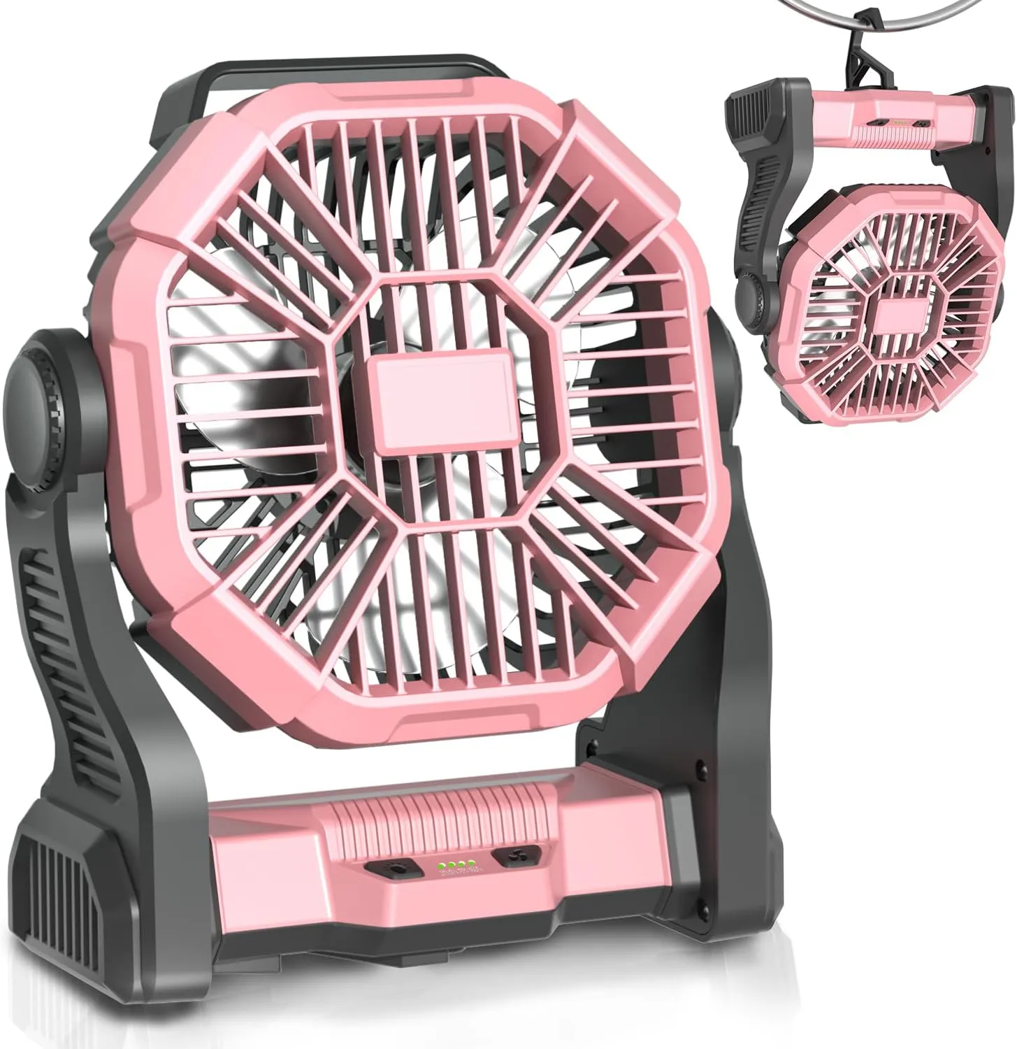 Portable Battery Operated Fan with LED Lantern, 10400mAh Outdoor Small Rechargeable Quiet Camping Fan, Personal Desk Fan Cooling Table Fan with Hanging Hook for Picnic Barbecue Fishing Travel (Pink)