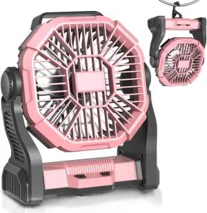Portable Battery Operated Fan with LED Lantern, 10400mAh Outdoor Small Rechargeable Quiet Camping Fan, Personal Desk Fan Cooling Table Fan with Hanging Hook for Picnic Barbecue Fishing Travel (Pink)