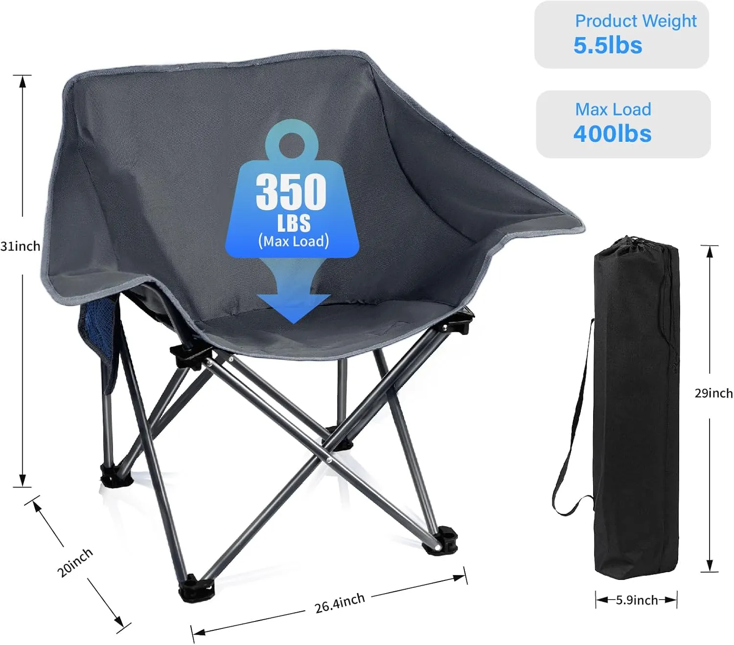 Portable Camping Chair Compact Collapsible Outdoor Folding Sports Chairs for Adults Heavy Duty Camp Sporting Events Park Lawn 400 Lbs Gray