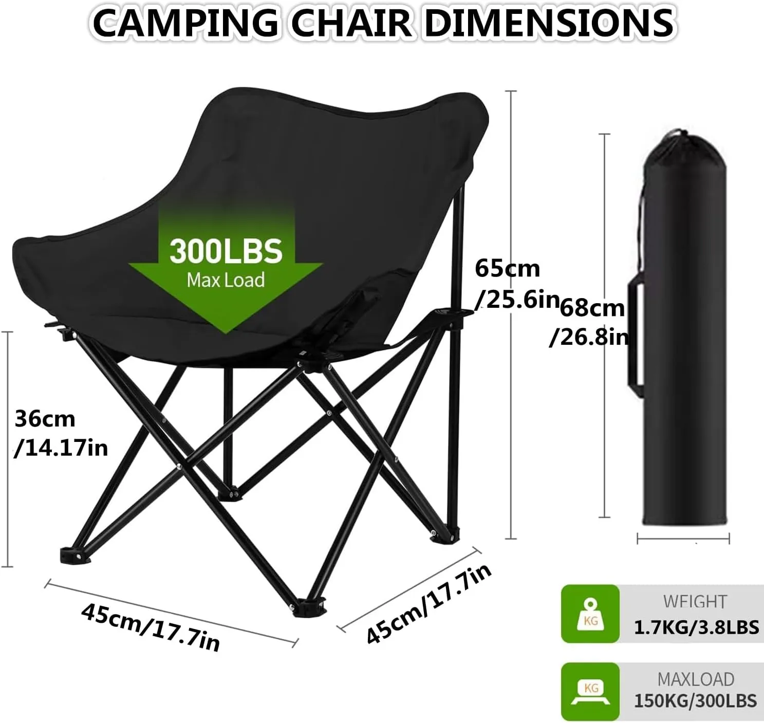 Portable Camping Chair, Enlarged Folding Chair with Carry Bag and Side Pockets Lightweight Heavy Duty for Outdoor Fishing Picnic Beach Hiking Backpacking Travel