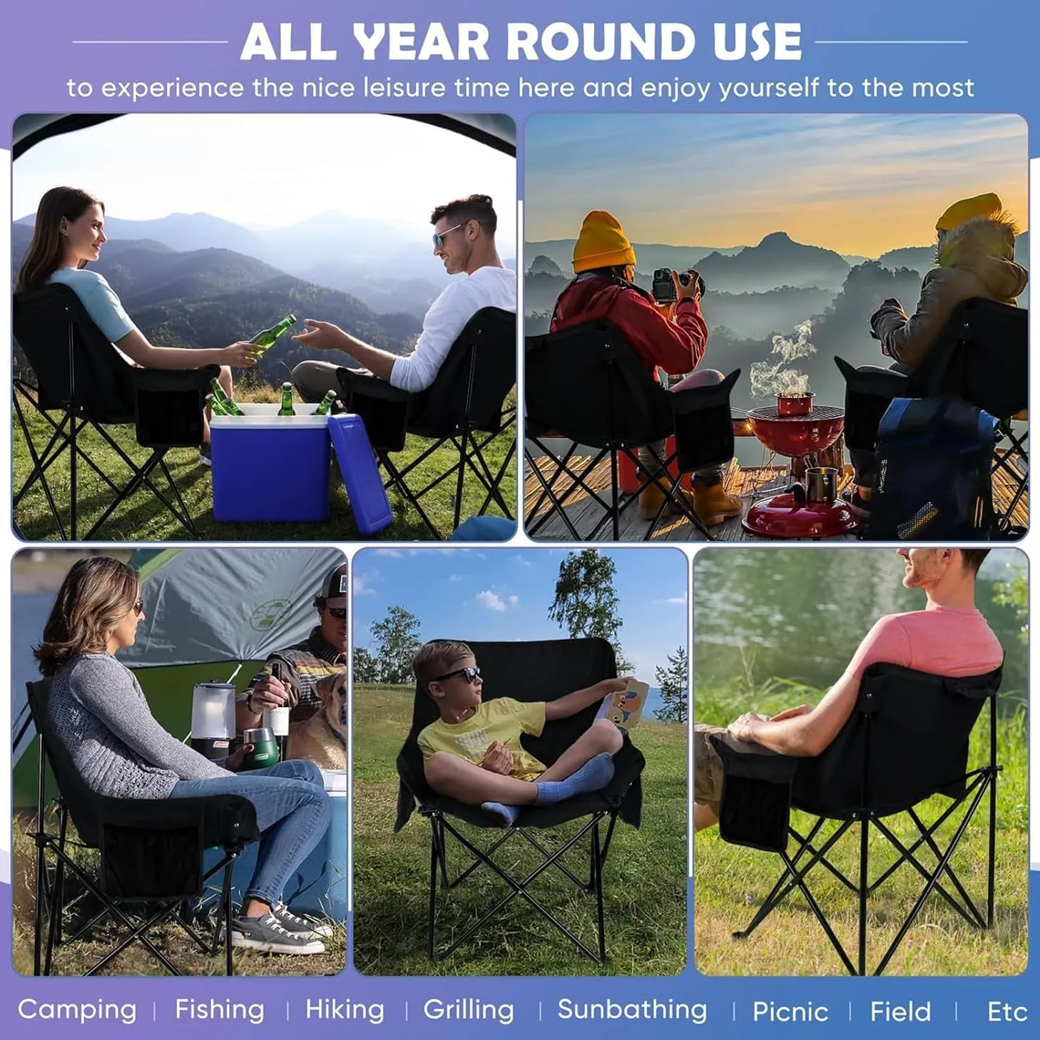 Portable Camping Chair, Enlarged Folding Chair with Carry Bag and Side Pockets Lightweight Heavy Duty for Outdoor Fishing Picnic Beach Hiking Backpacking Travel