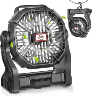 Portable Camping Fan, Rechargeable Battery Operated with LED Lights, Hanging Hook, 270°Rotation, 10400mAh Battery Powered Fan for Beach, Office, Picnic, Fishing, Travel, Tent