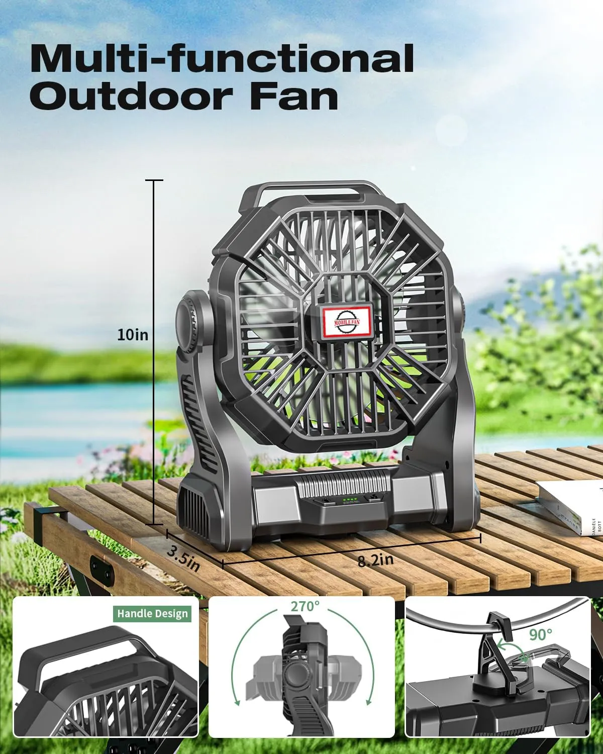 Portable Camping Fan, Rechargeable Battery Operated with LED Lights, Hanging Hook, 270°Rotation, 10400mAh Battery Powered Fan for Beach, Office, Picnic, Fishing, Travel, Tent