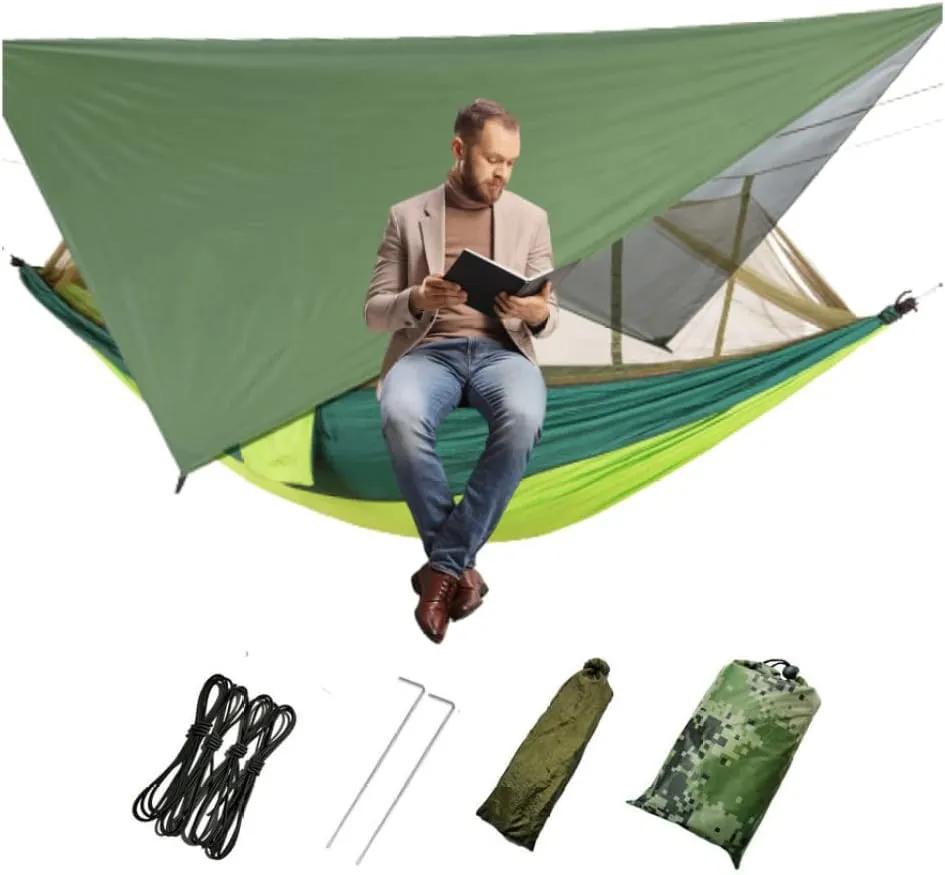 Portable Camping Hammock Durable Hiking Hammocks with Mosquito Net Rain Cover Dark Green