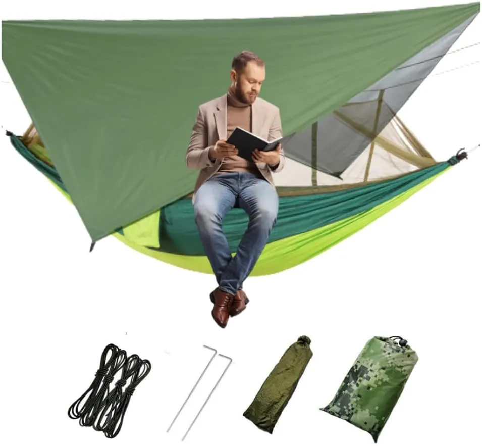 Portable Camping Hammock Hiking Hammock with Mosquito Net Rain Cover Dark Green